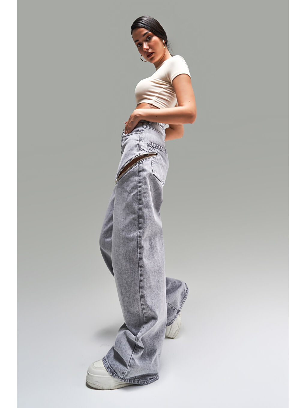 Kadın Gri Renk 4S5-12 Palazzo Fit Bol Kesim %100 Pamuk Fermuar Detaylı Tasarım Denim Jean-3