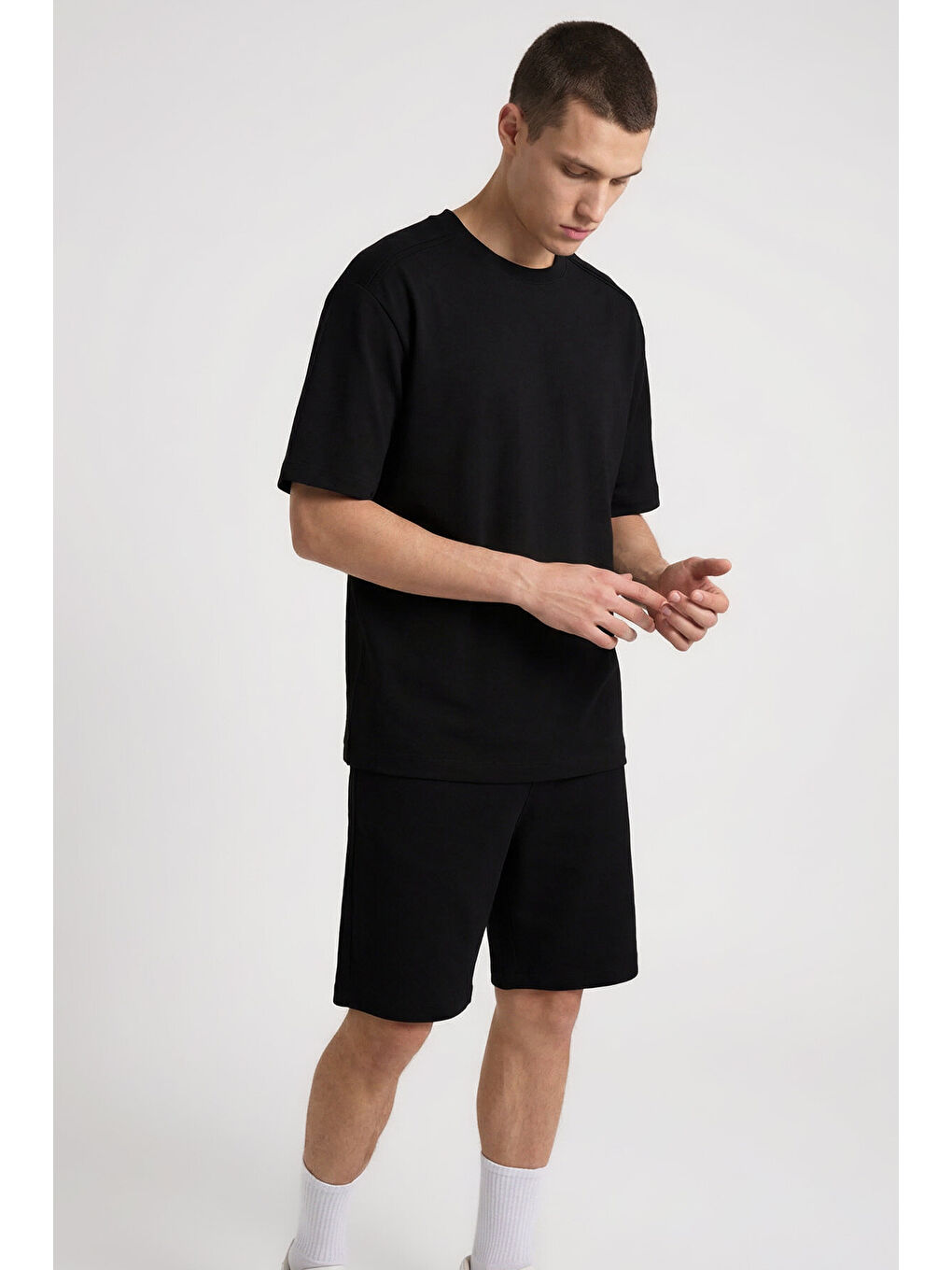 Siyah Oversize Fit Basic Erkek Şort Takım - 85292-3