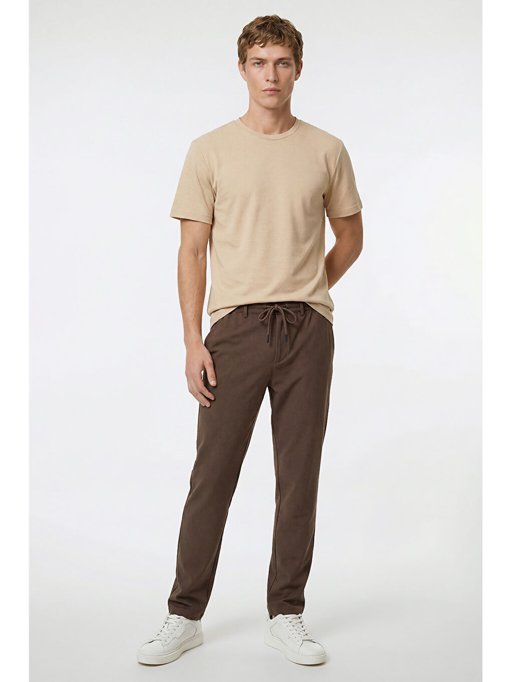 Erkek Kahverengi Jogger Slim Fit Dar Kesim Yan Cepli Beli Bağlamalı Pantolon-2