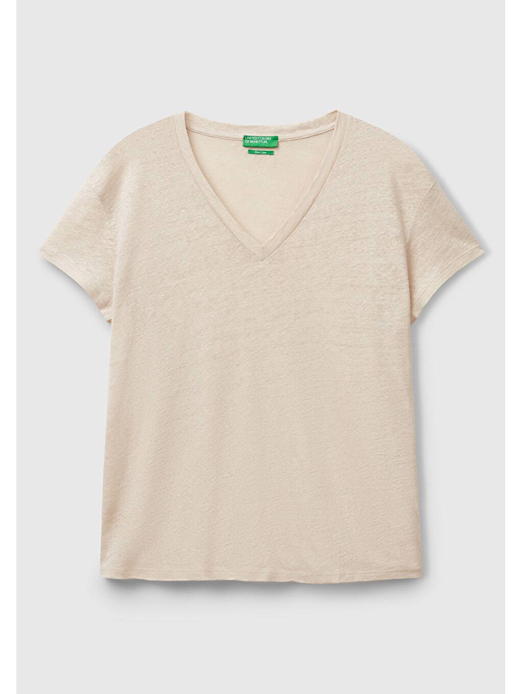 Bej Kadın Taş Rengi %100 Keten Düşük Omuzlu Relax Fit V Yaka T-Shirt-1