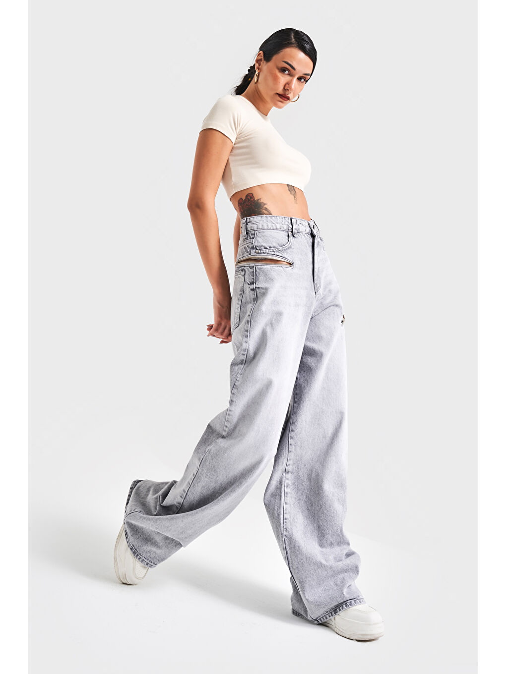 Kadın Gri Renk 4S5-12 Palazzo Fit Bol Kesim %100 Pamuk Fermuar Detaylı Tasarım Denim Jean-2