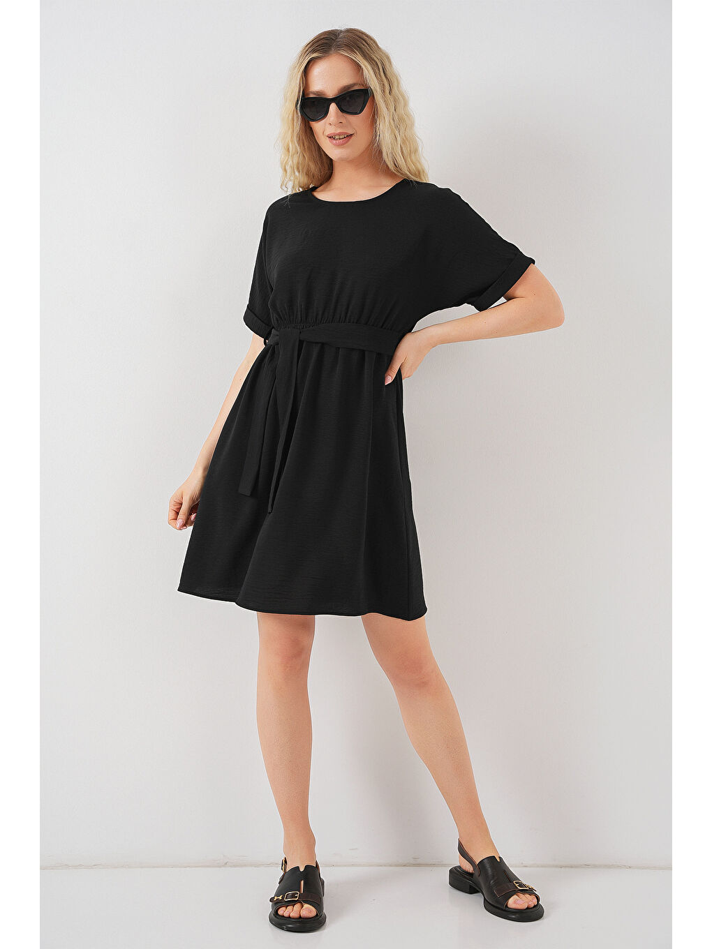 Kadın Kısa Kol Mini Ayrobin Elbise 2572 - Siyah-1