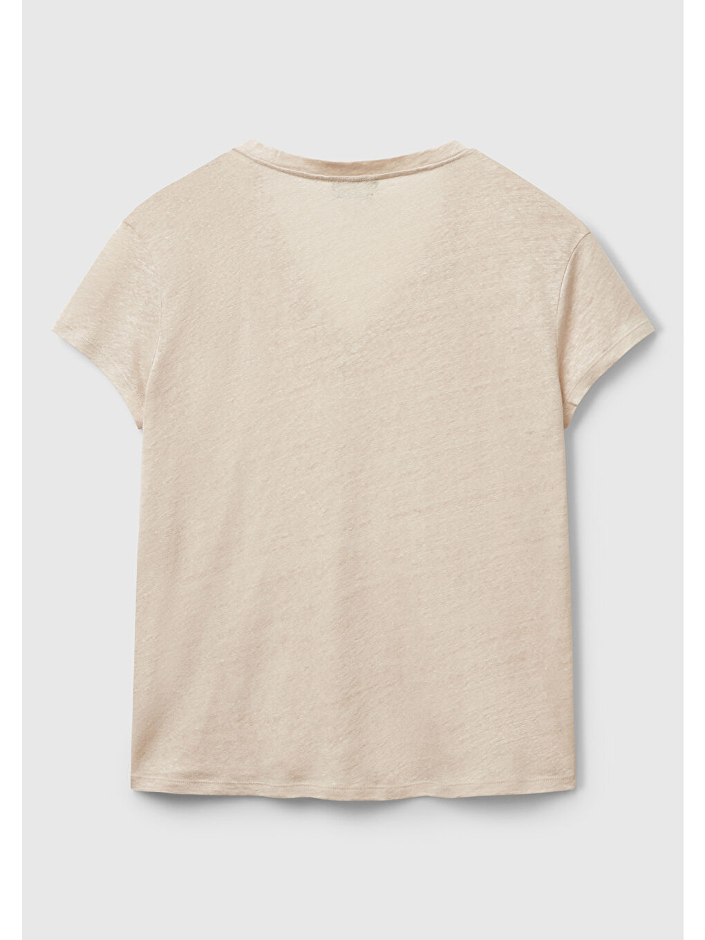 Bej Kadın Taş Rengi %100 Keten Düşük Omuzlu Relax Fit V Yaka T-Shirt-3