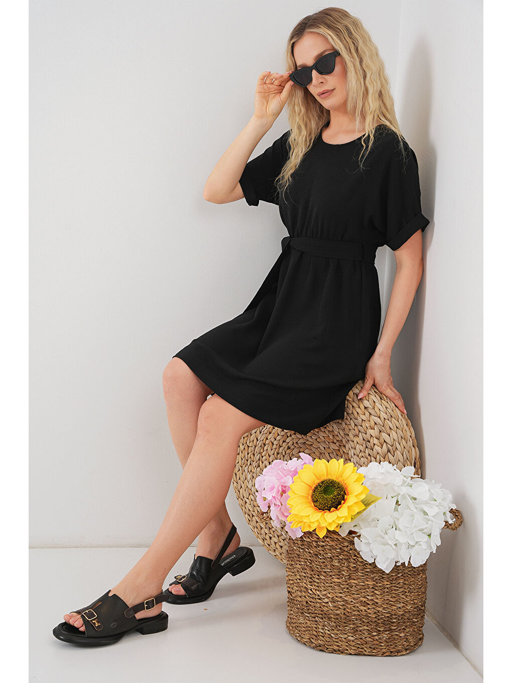 Kadın Kısa Kol Mini Ayrobin Elbise 2572 - Siyah-2