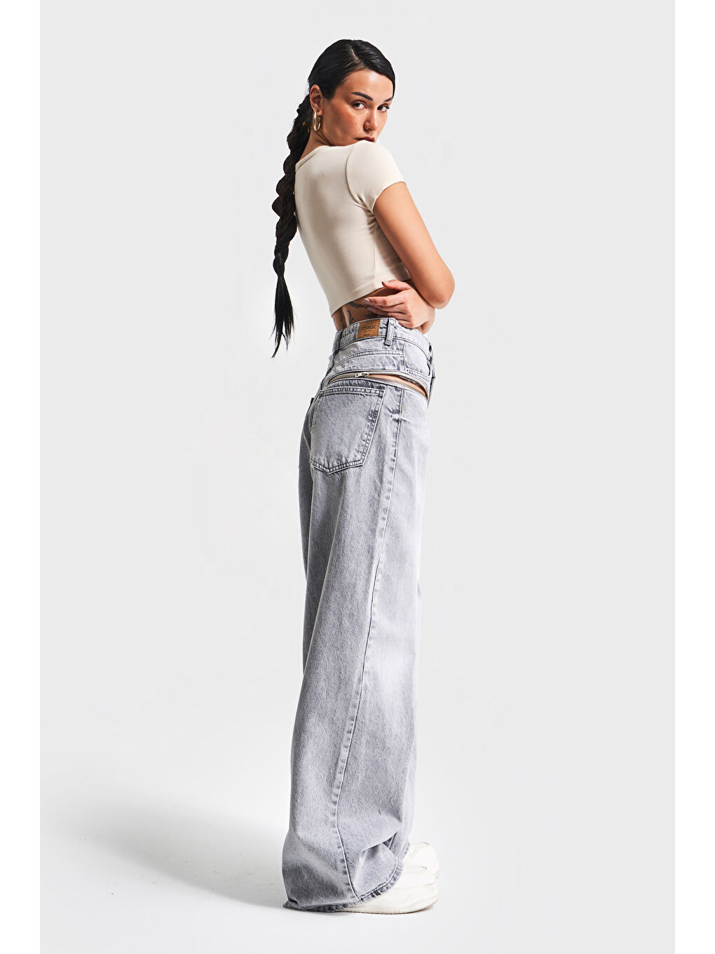 Kadın Gri Renk 4S5-12 Palazzo Fit Bol Kesim %100 Pamuk Fermuar Detaylı Tasarım Denim Jean-1