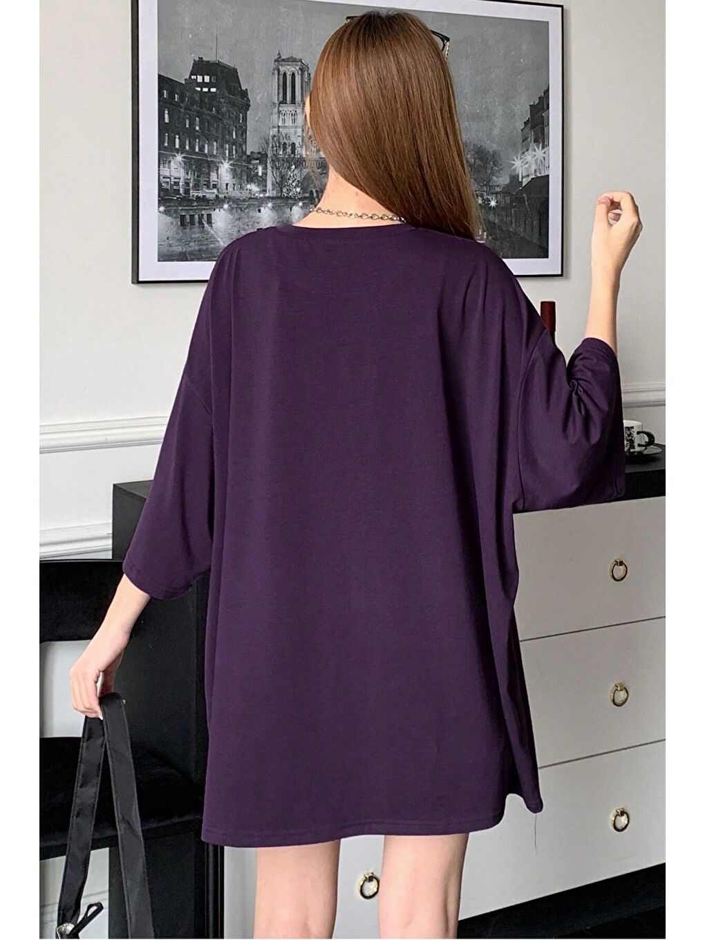 Kadın Mor Bisiklet Yaka 1984 Gazete Baskılı Oversize T Shirt-4