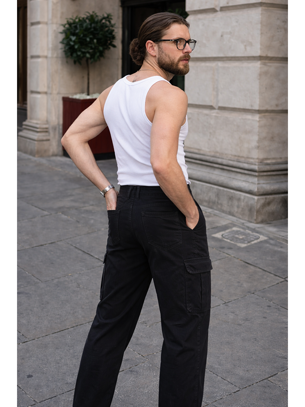 Erkek Günlük Kargo Cep Siyah Baggy Pantolon-1