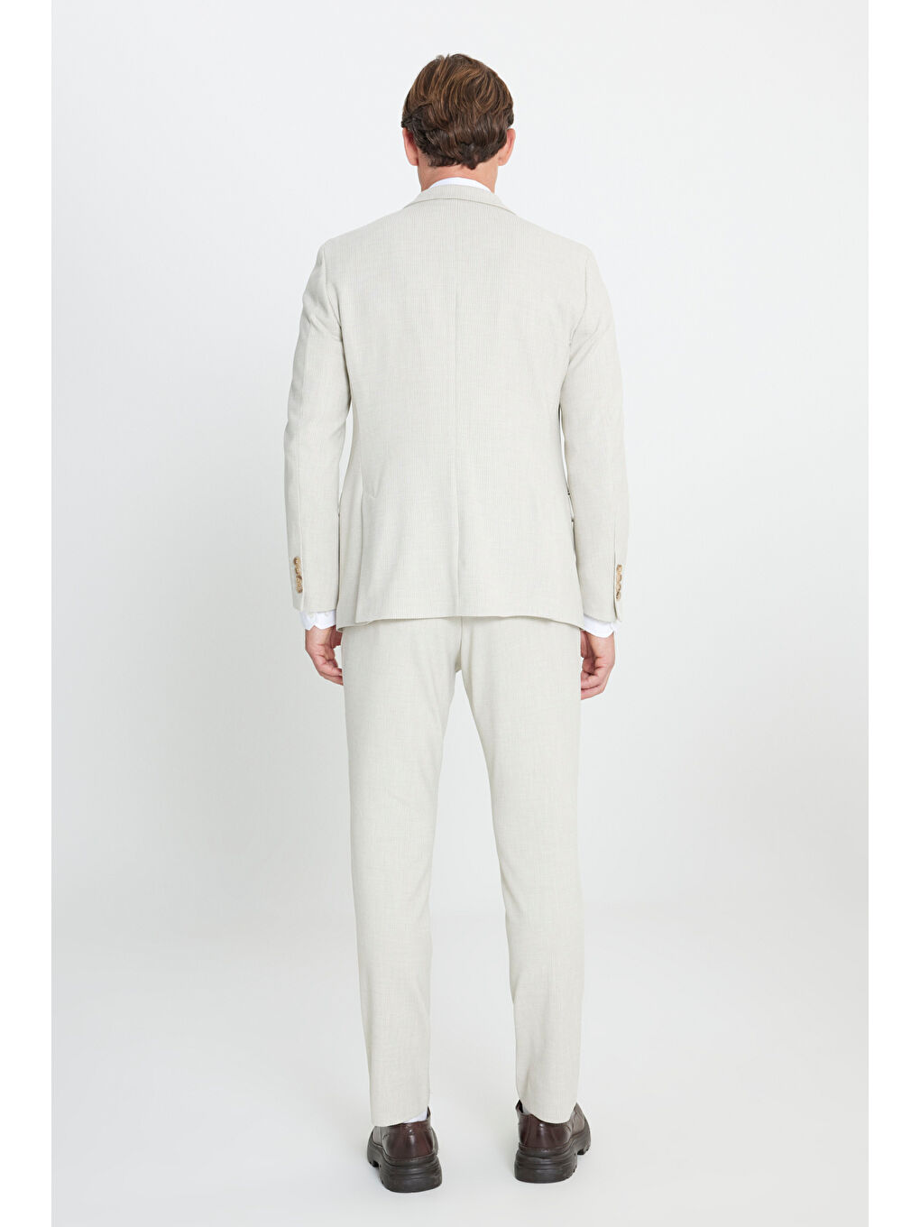 Bej Erkek Taş Slim Fit Dar Kesim Kırlangıç Yaka Beli Bağlamalı Kapak Cepli Çizgili Esnek Takım Elbise-2