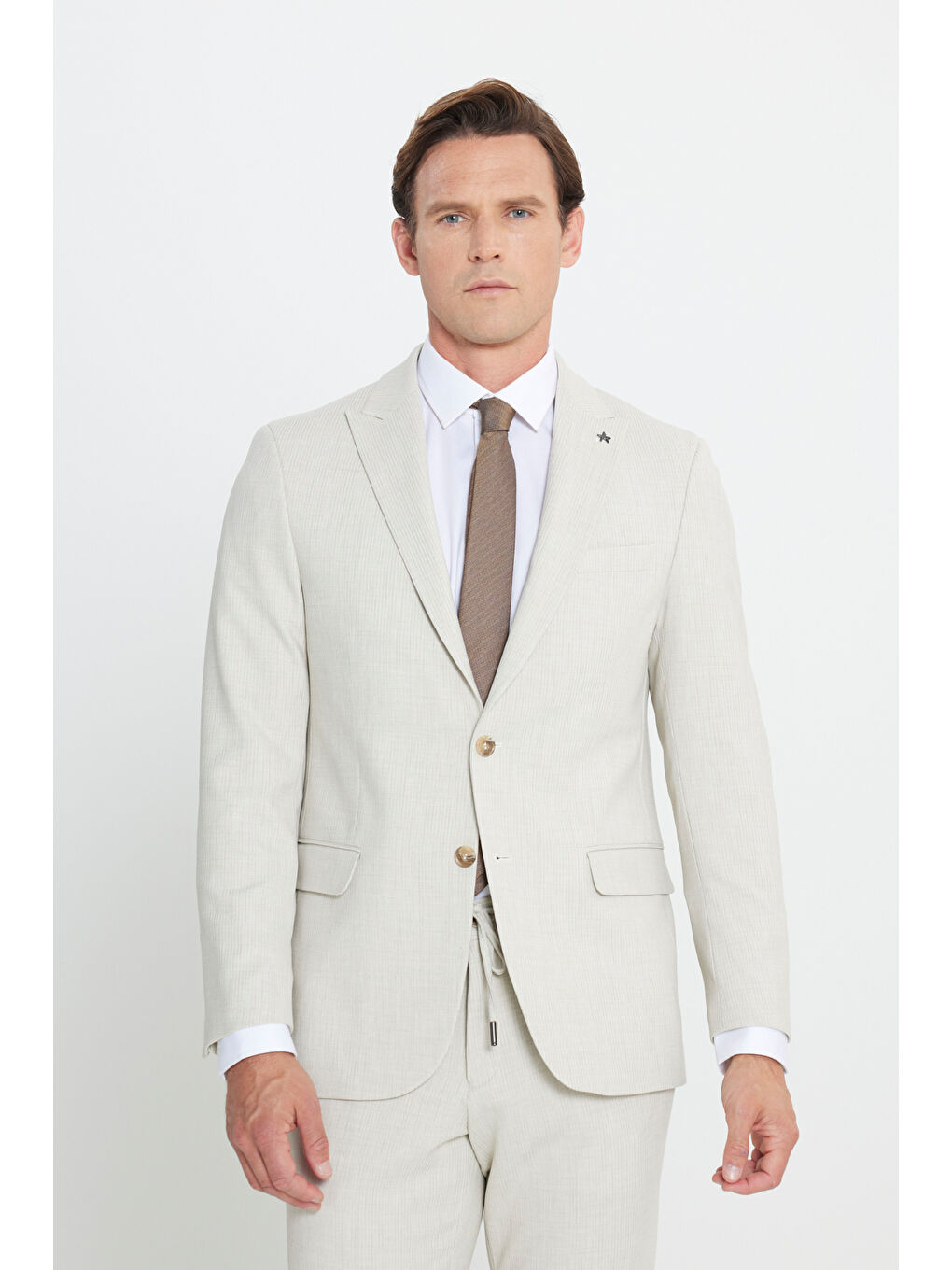 Bej Erkek Taş Slim Fit Dar Kesim Kırlangıç Yaka Beli Bağlamalı Kapak Cepli Çizgili Esnek Takım Elbise-3