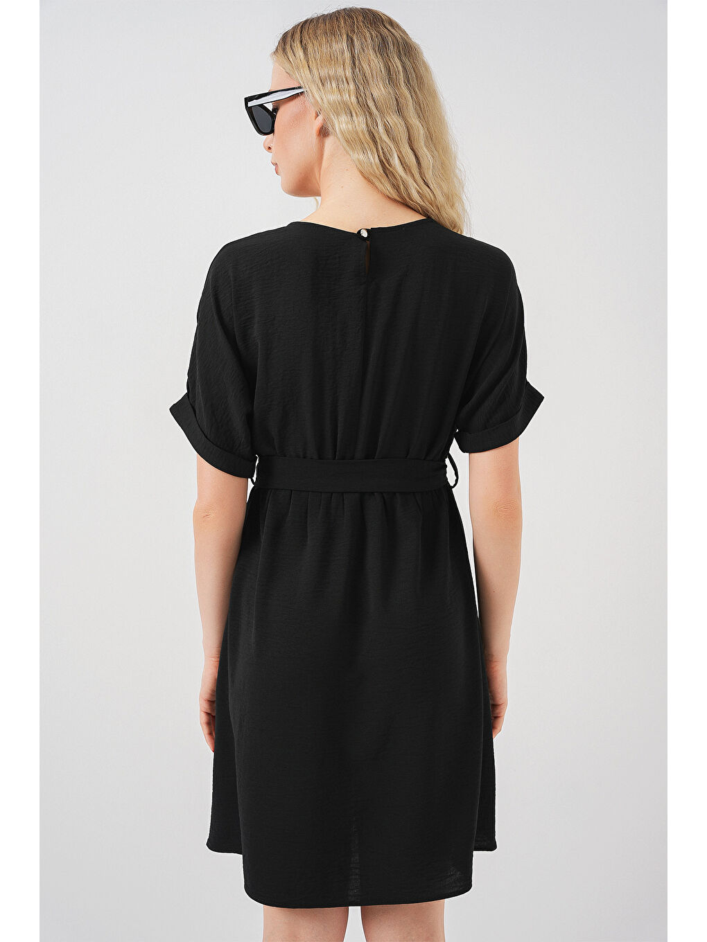 Kadın Kısa Kol Mini Ayrobin Elbise 2572 - Siyah-4