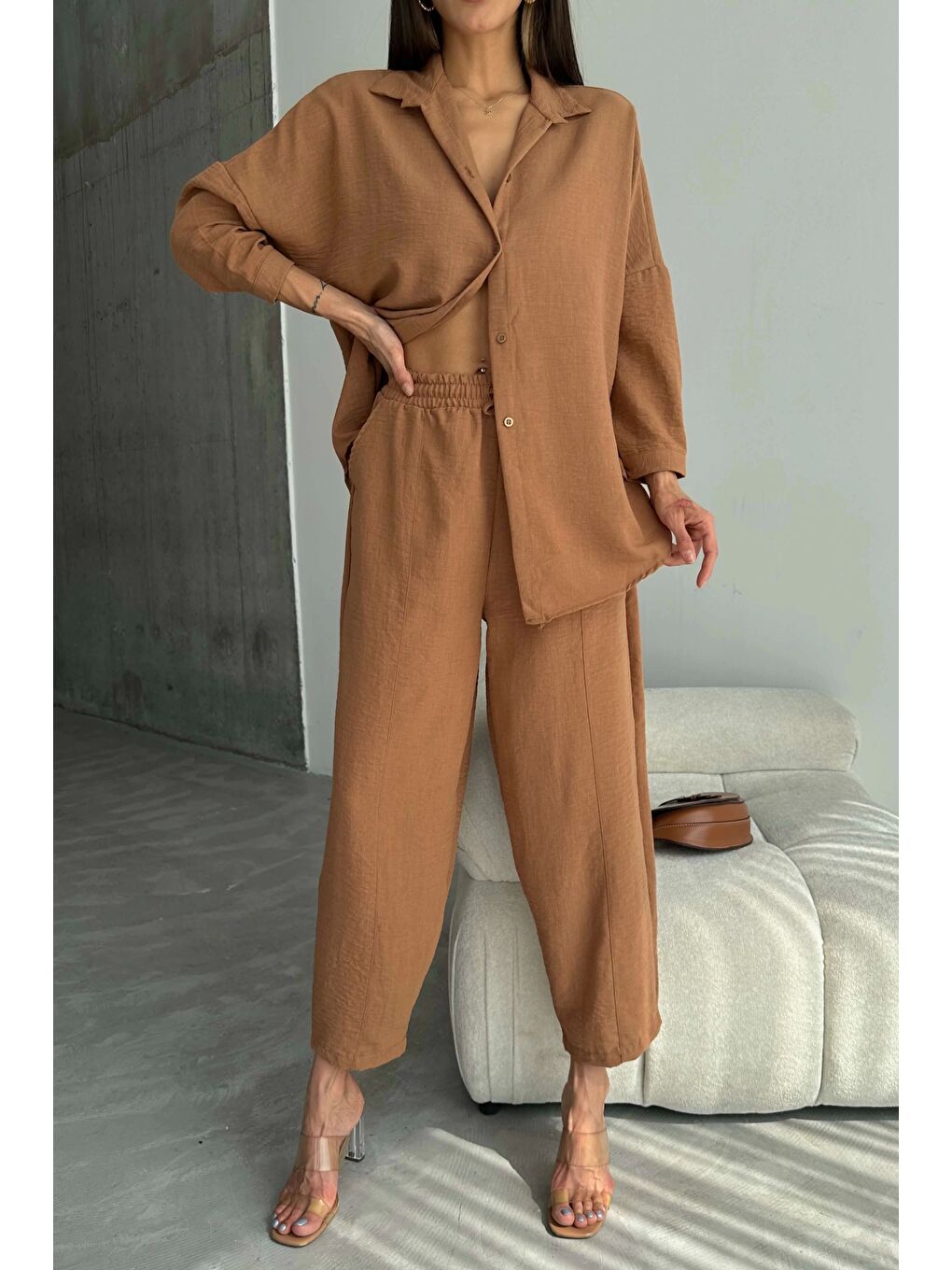 Kahverengi Kadın Taba Keten Gömlek Takım 1018-0241-1