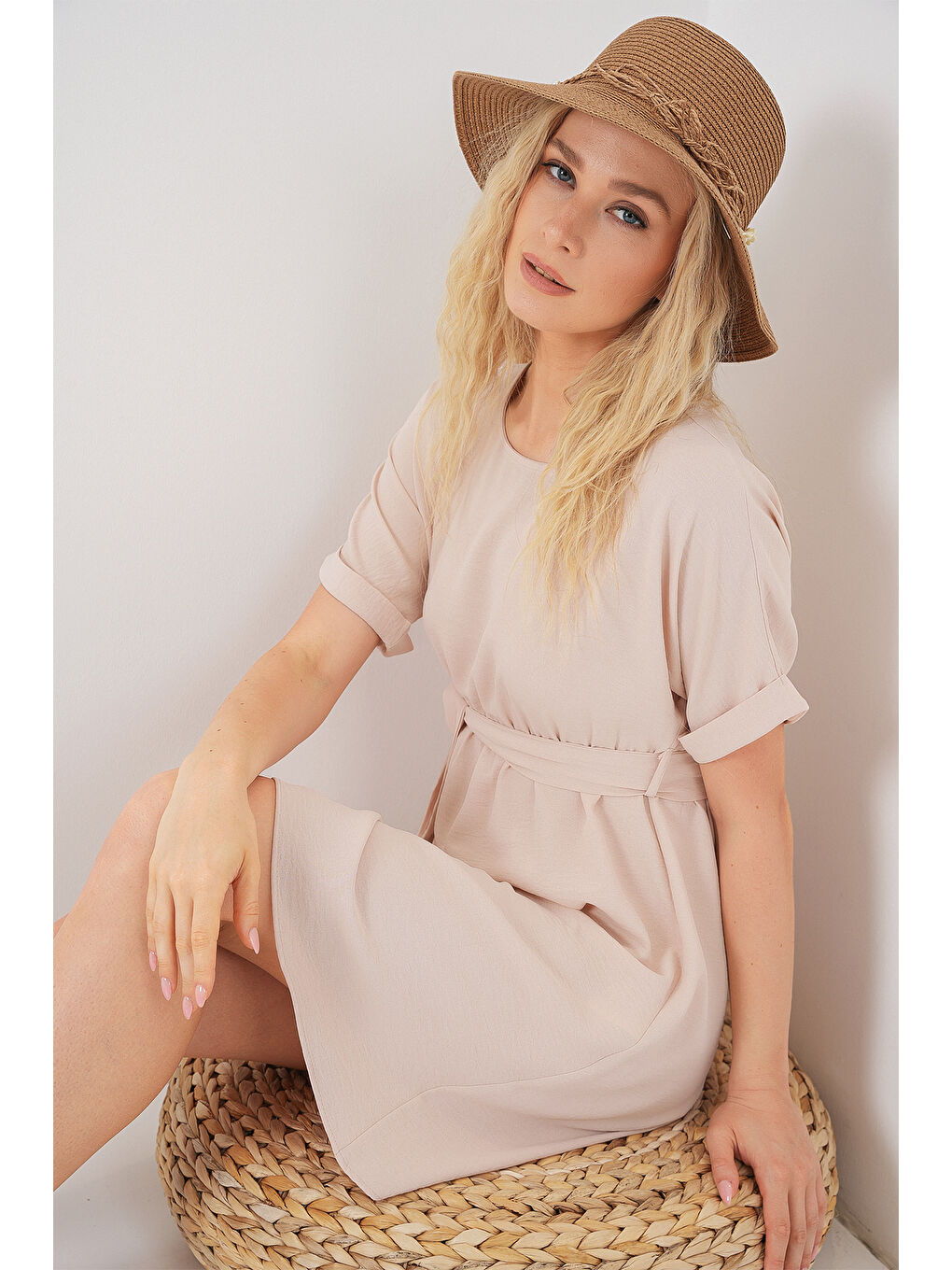 Ekru Kadın Kısa Kol Mini Ayrobin Elbise 2572 - Krem