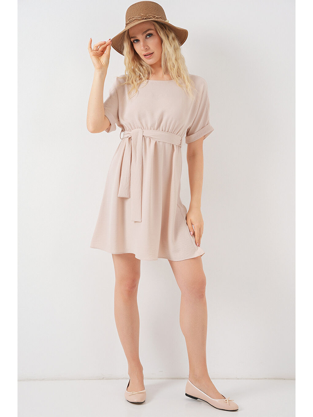 Ekru Kadın Kısa Kol Mini Ayrobin Elbise 2572 - Krem-1