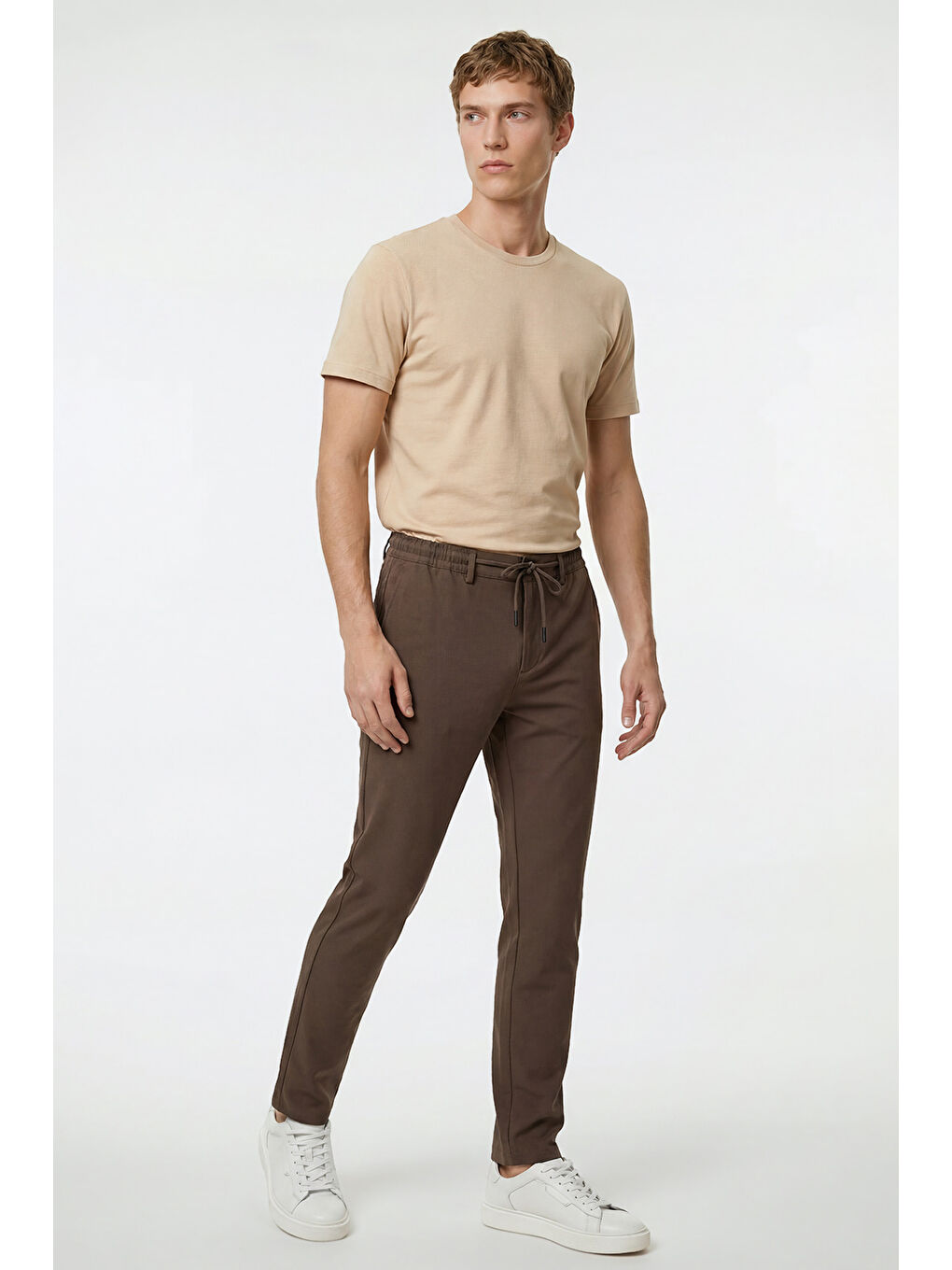 Erkek Kahverengi Jogger Slim Fit Dar Kesim Yan Cepli Beli Bağlamalı Pantolon-3