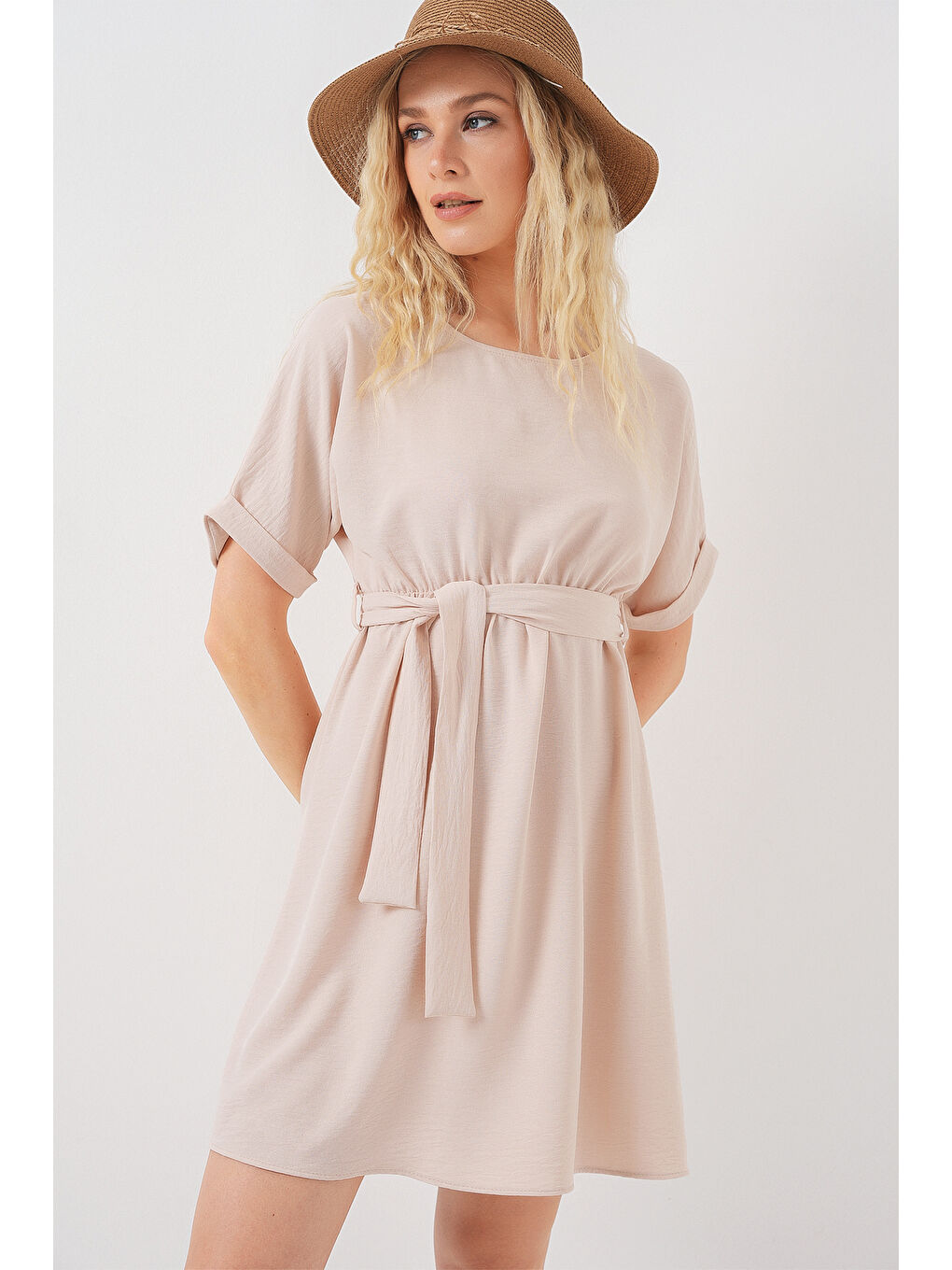 Ekru Kadın Kısa Kol Mini Ayrobin Elbise 2572 - Krem-2