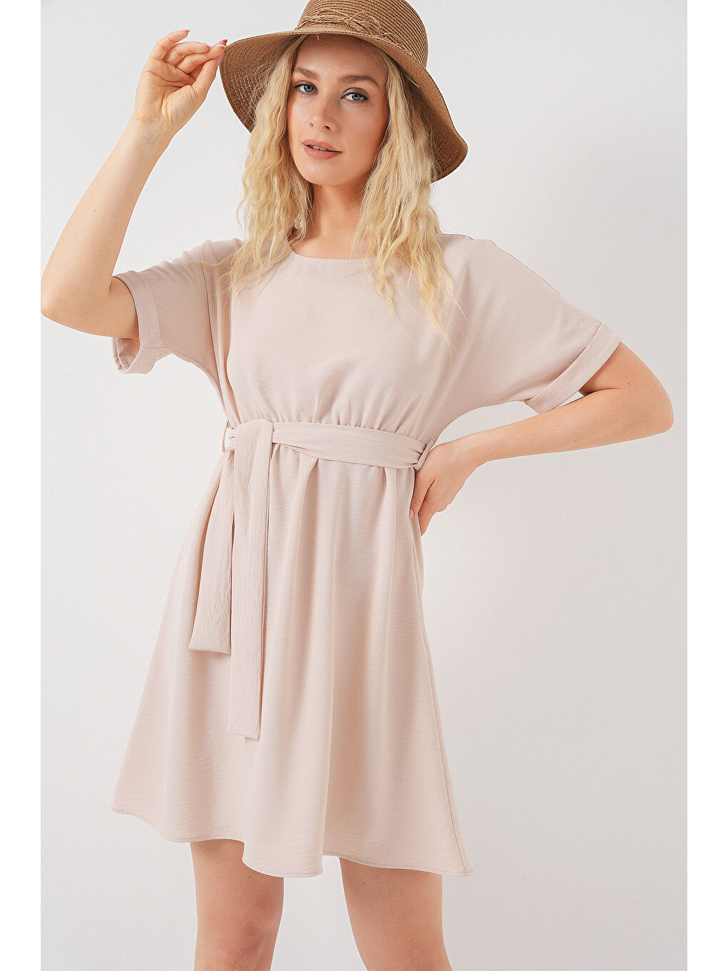 Ekru Kadın Kısa Kol Mini Ayrobin Elbise 2572 - Krem-3