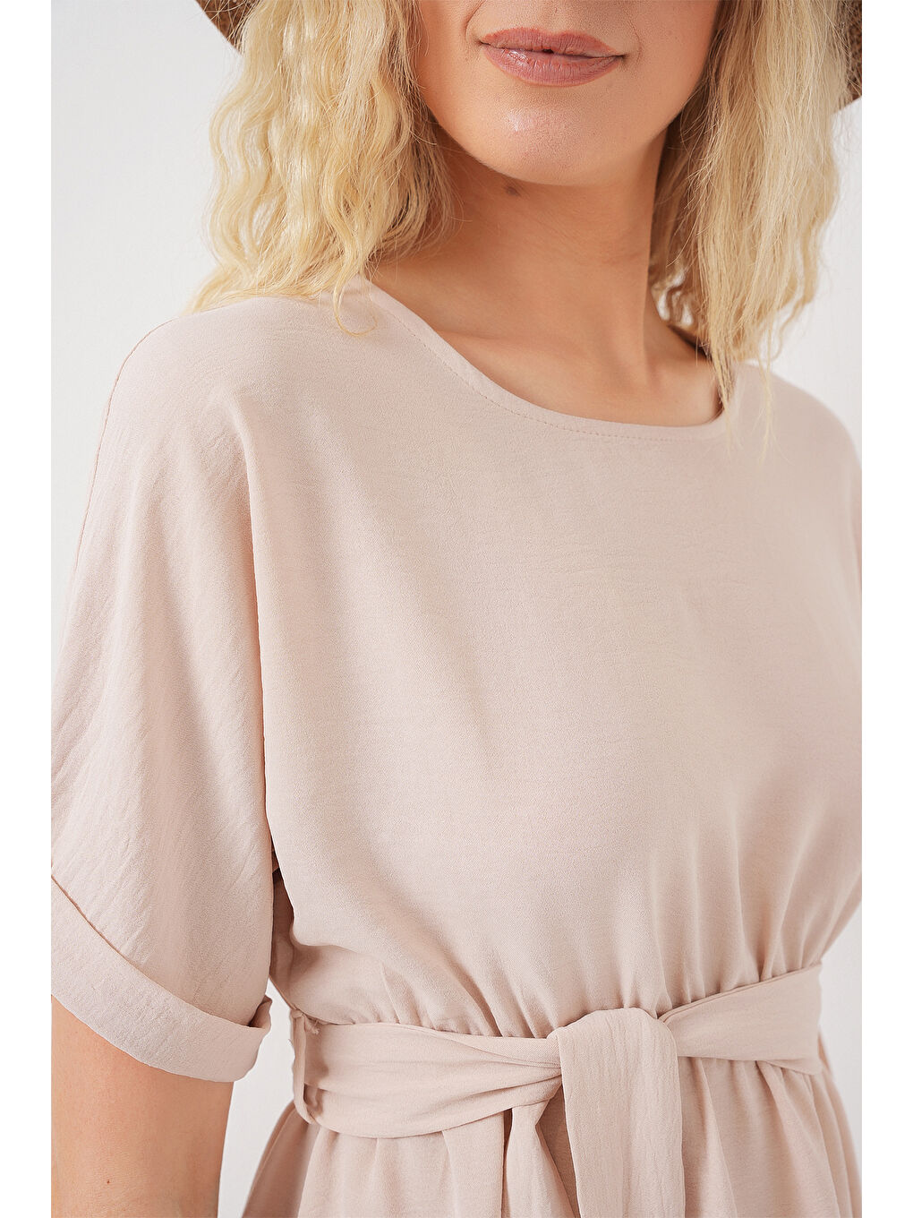 Ekru Kadın Kısa Kol Mini Ayrobin Elbise 2572 - Krem-4