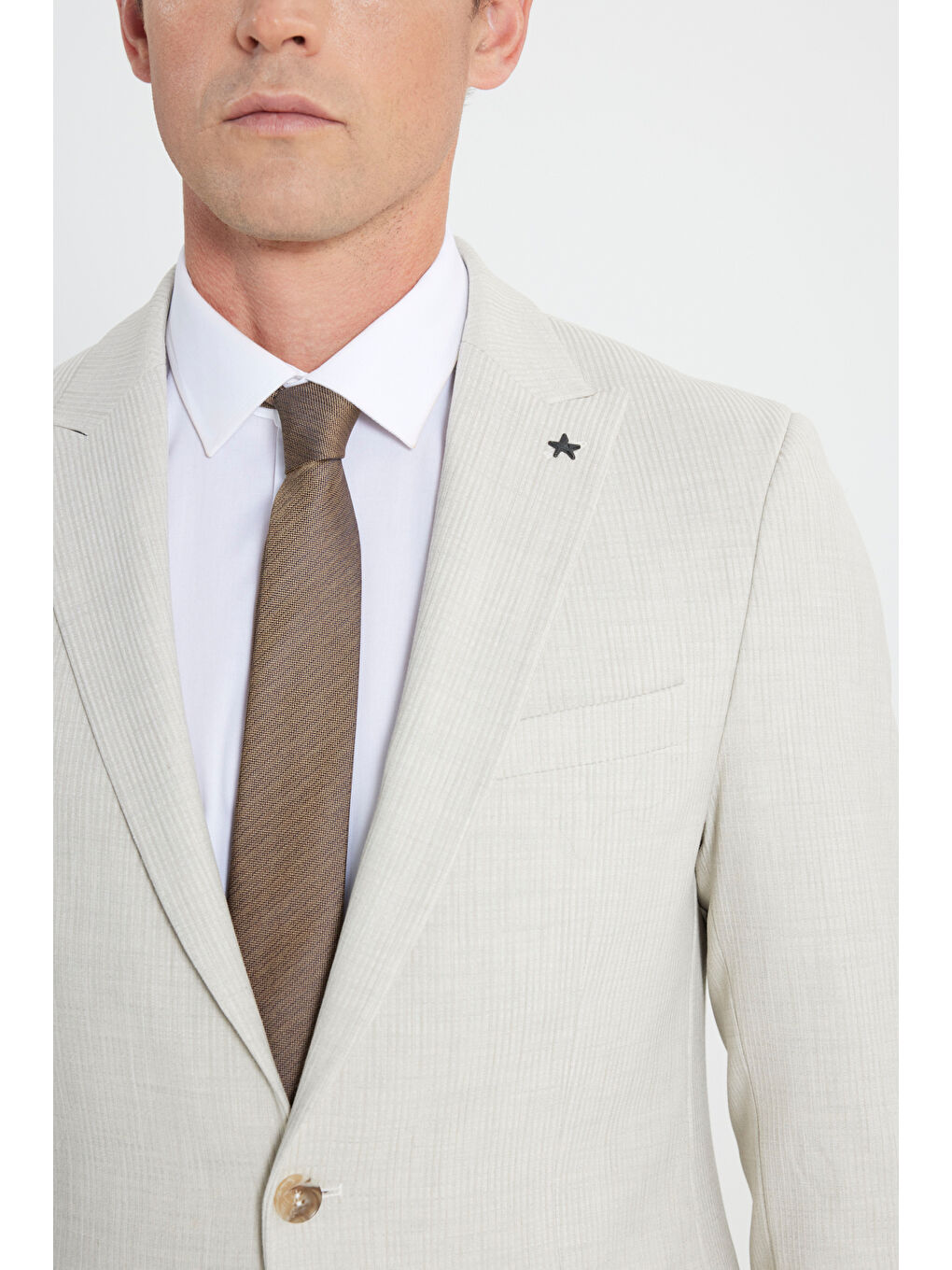 Bej Erkek Taş Slim Fit Dar Kesim Kırlangıç Yaka Beli Bağlamalı Kapak Cepli Çizgili Esnek Takım Elbise-6