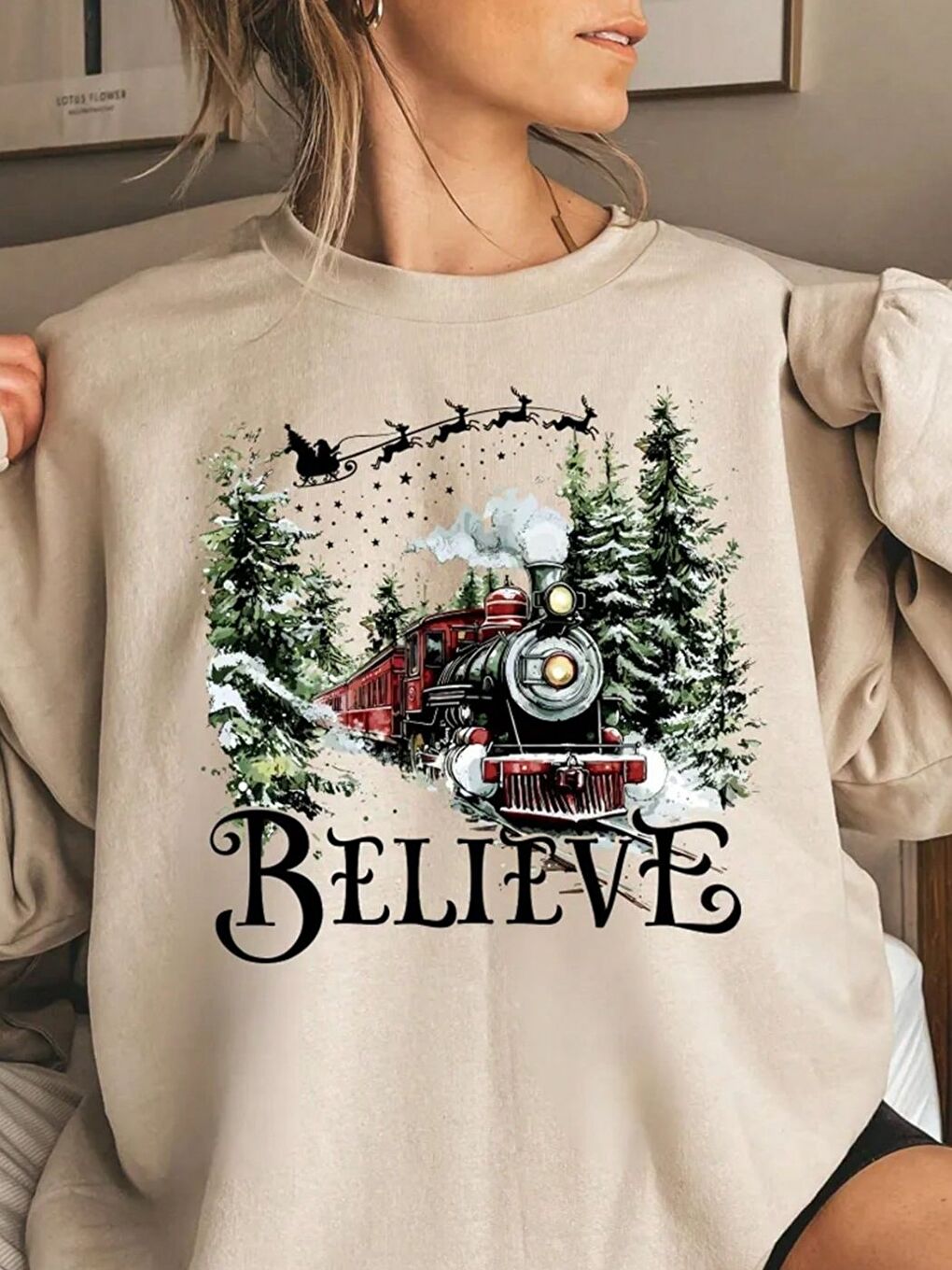 Bej Believe Yılbaşı Baskılı Oversize Bisiklet Yaka Sweatshirt-1