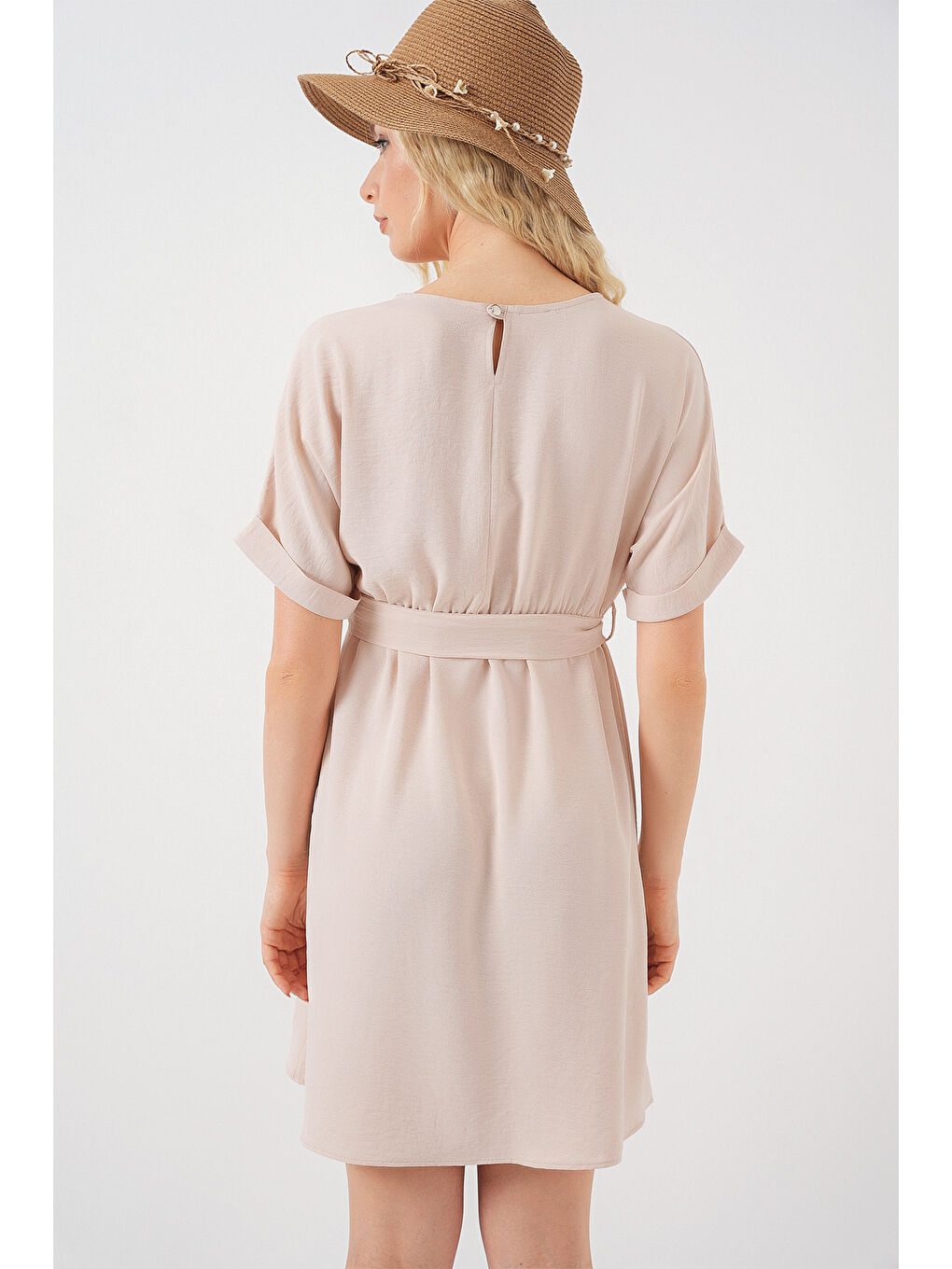 Ekru Kadın Kısa Kol Mini Ayrobin Elbise 2572 - Krem-5