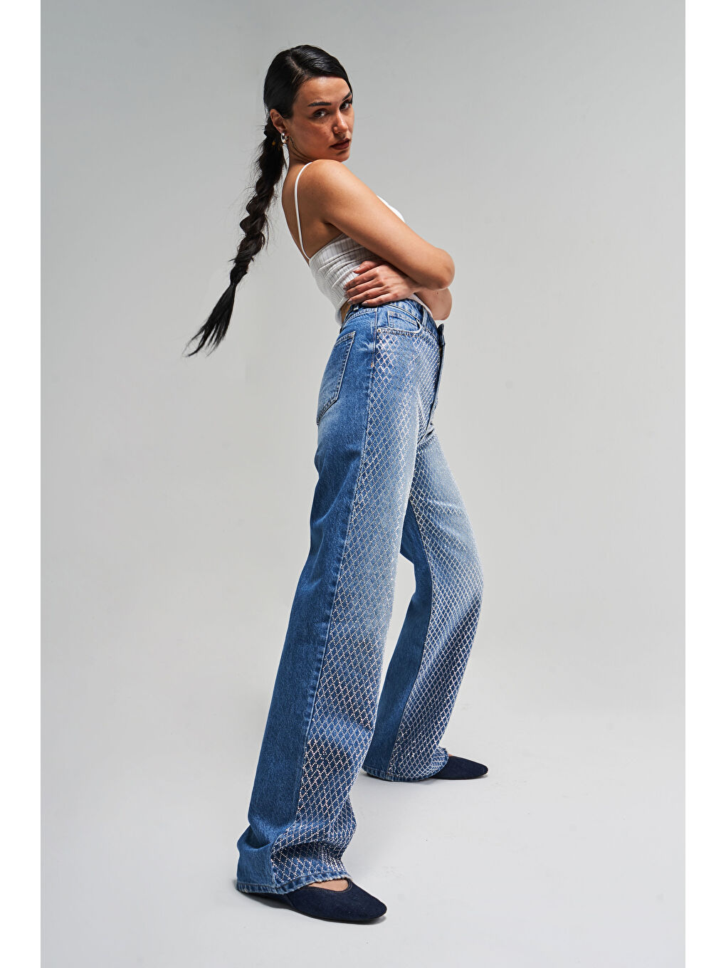 Kadın Mavi Renk Doris T3-2S5-4 Parlak Taşlı Straight Fit Yüksek Bel %100 Pamuk Tasarım Denim Jean-4