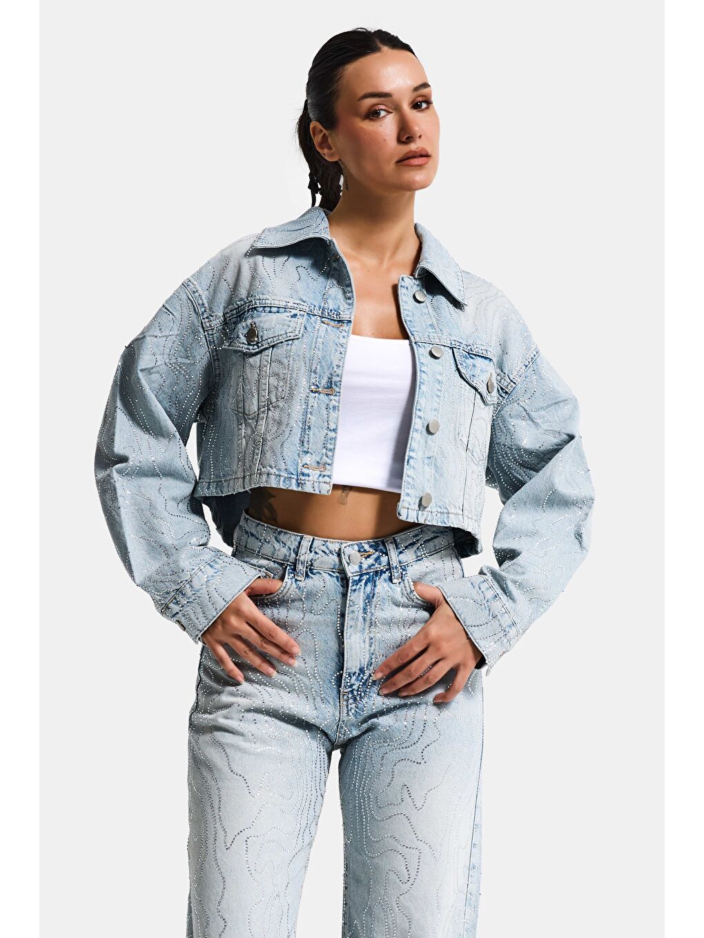 Mavi Kadın Jean Rengi T-4s6-32 Crop Fit Taş Detaylı Özel Tasarım Denim Ceket-4
