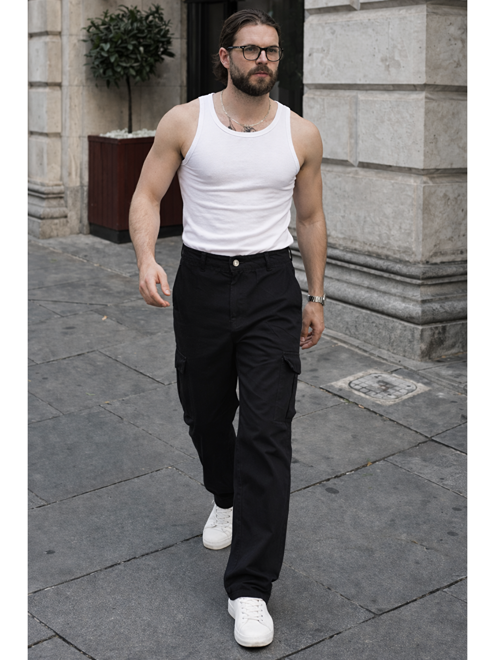 Erkek Günlük Kargo Cep Siyah Baggy Pantolon-3