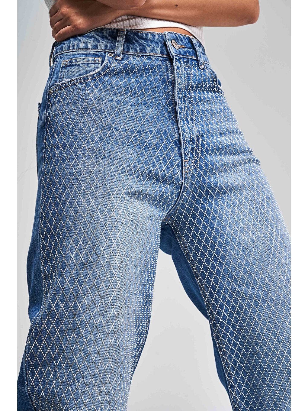 Kadın Mavi Renk Doris T3-2S5-4 Parlak Taşlı Straight Fit Yüksek Bel %100 Pamuk Tasarım Denim Jean-2