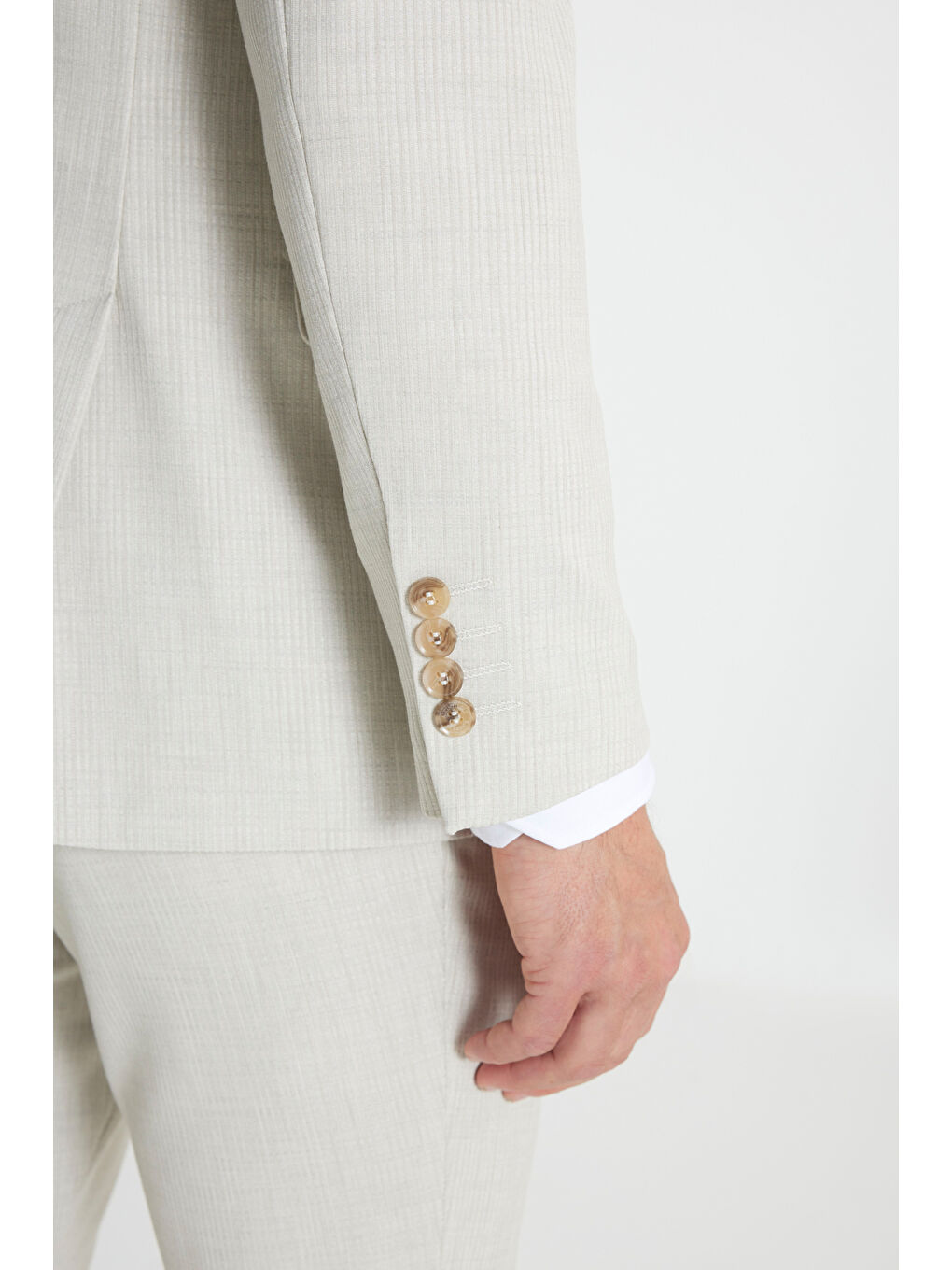 Bej Erkek Taş Slim Fit Dar Kesim Kırlangıç Yaka Beli Bağlamalı Kapak Cepli Çizgili Esnek Takım Elbise-8