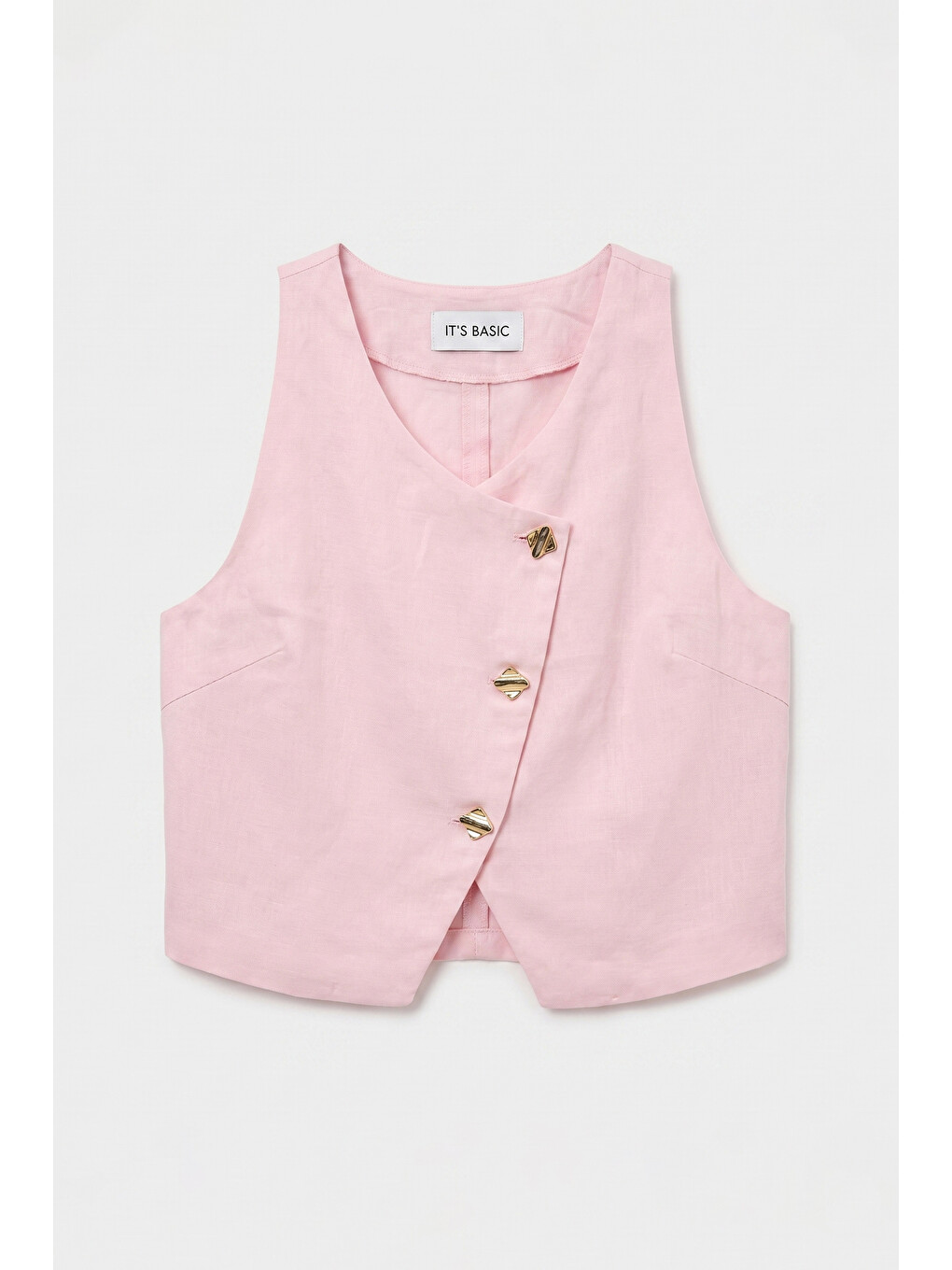 Kadın Pembe 6s6-98 Crop Özel Tasarım Organik Keten Yelek-1