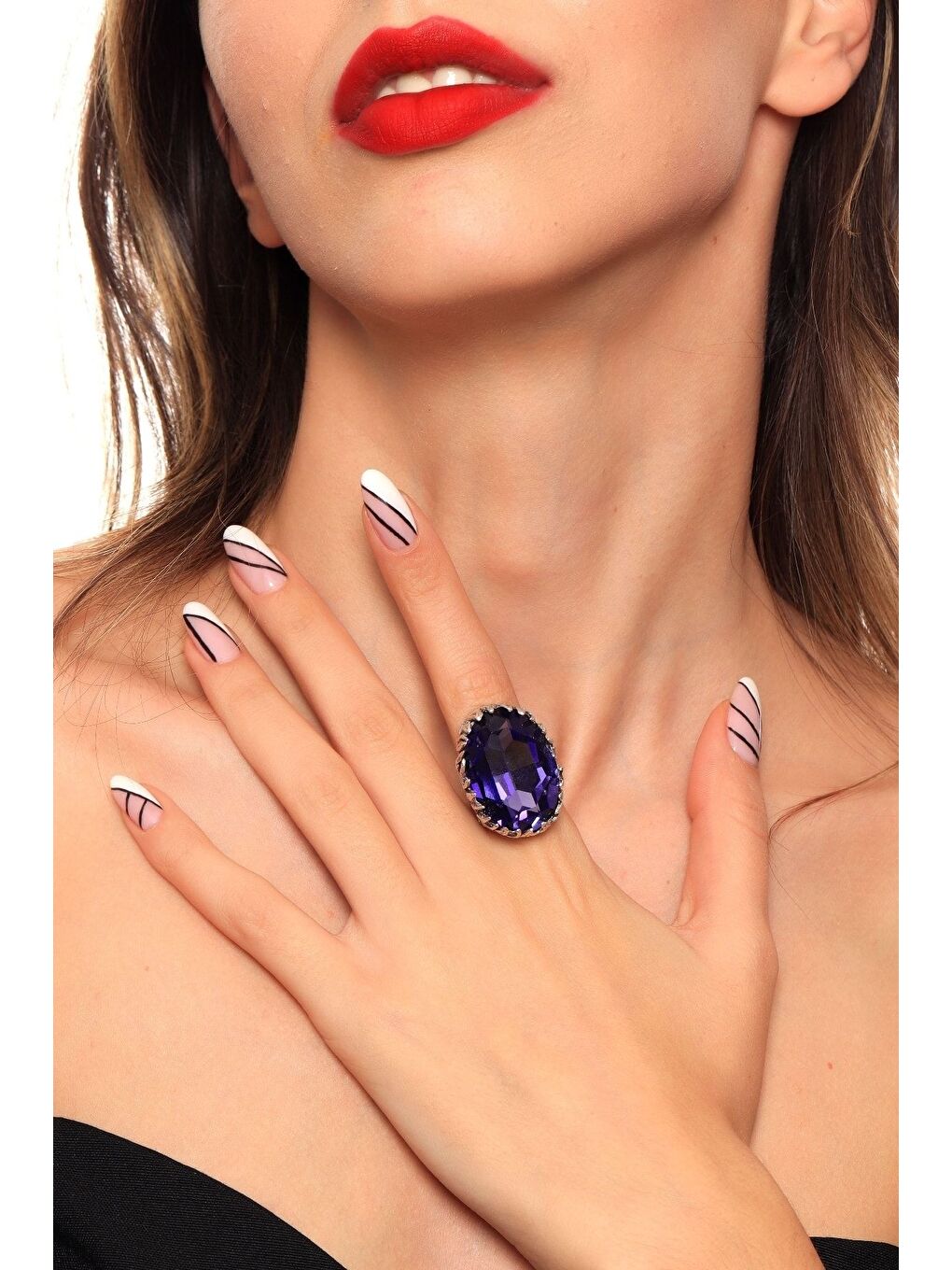 Mor Kadın Antik Gümüş Kaplama Kristal Kesme Taş Detaylı Ayarlanabilir Tasarım Yüzük-3