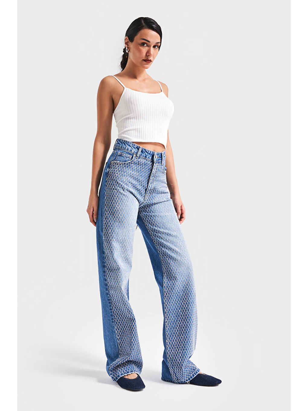 Kadın Mavi Renk Doris T3-2S5-4 Parlak Taşlı Straight Fit Yüksek Bel %100 Pamuk Tasarım Denim Jean-1