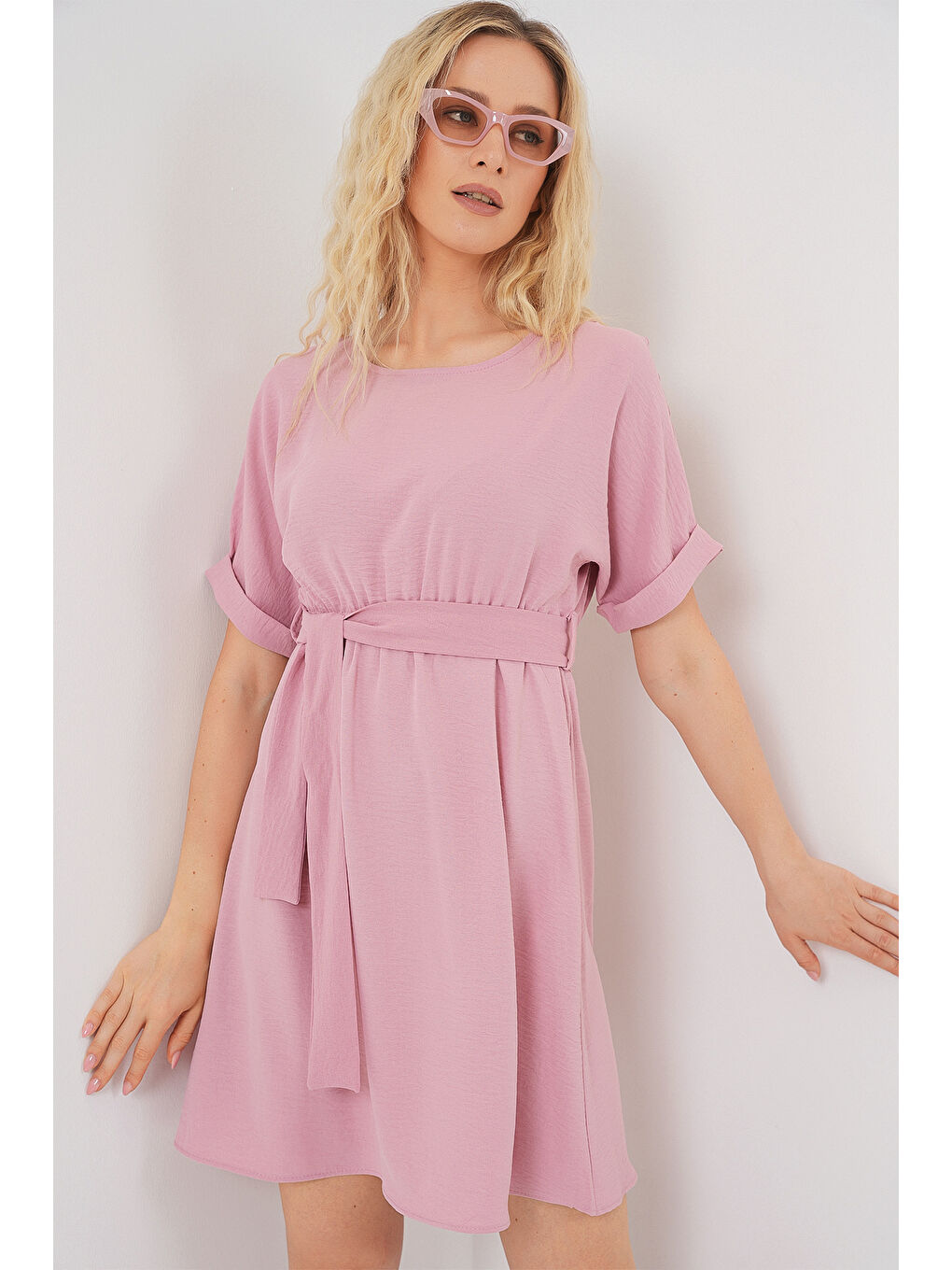Pembe Kadın Kısa Kol Mini Ayrobin Elbise 2572 - Pudra