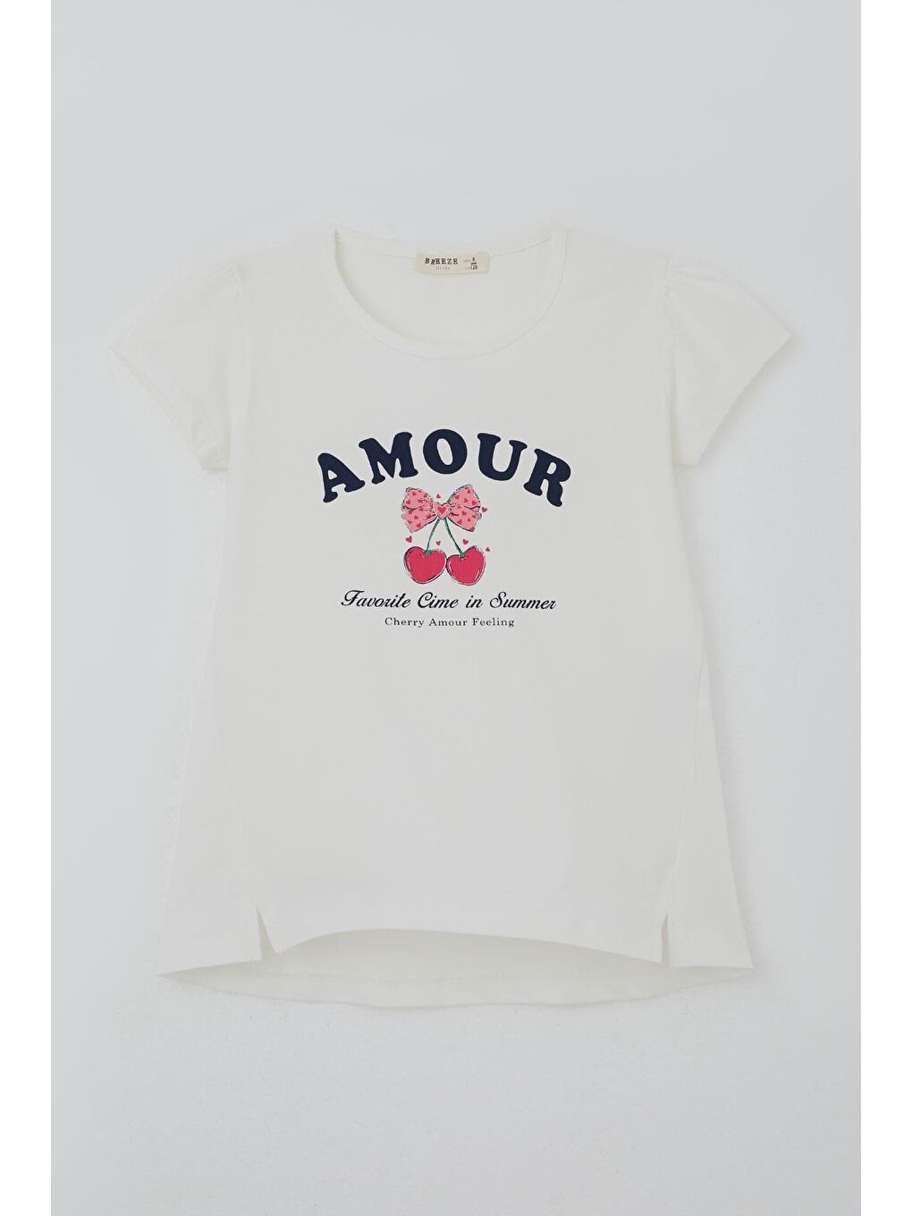 Kız Çocuk Tişört Fiyonklu Kiraz Baskılı Yanları Yırtmaçlı Ekru (5-10 Yaş)