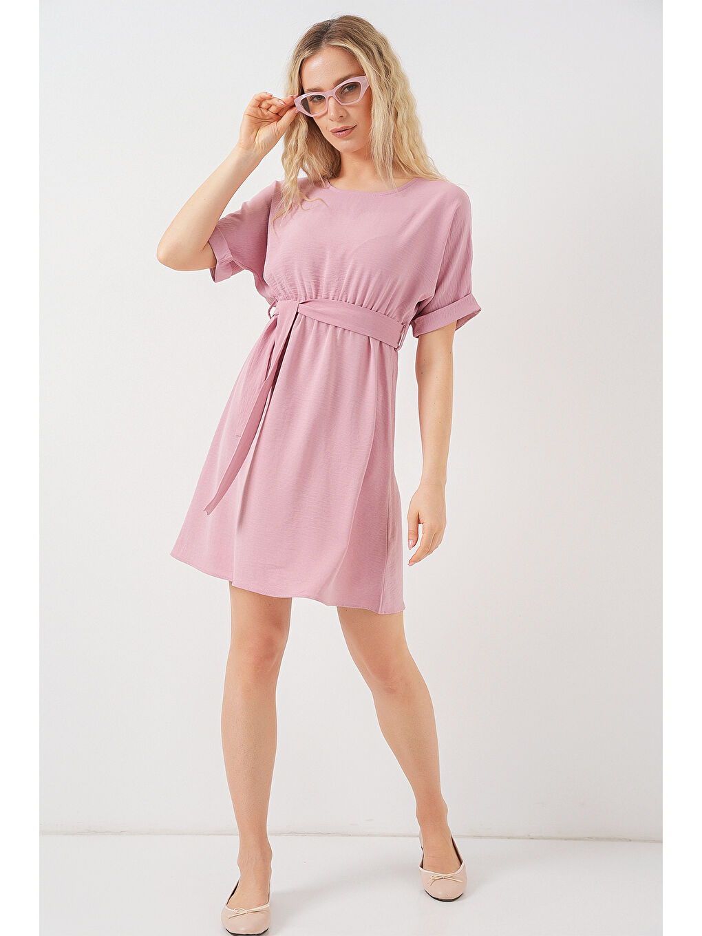 Pembe Kadın Kısa Kol Mini Ayrobin Elbise 2572 - Pudra-1
