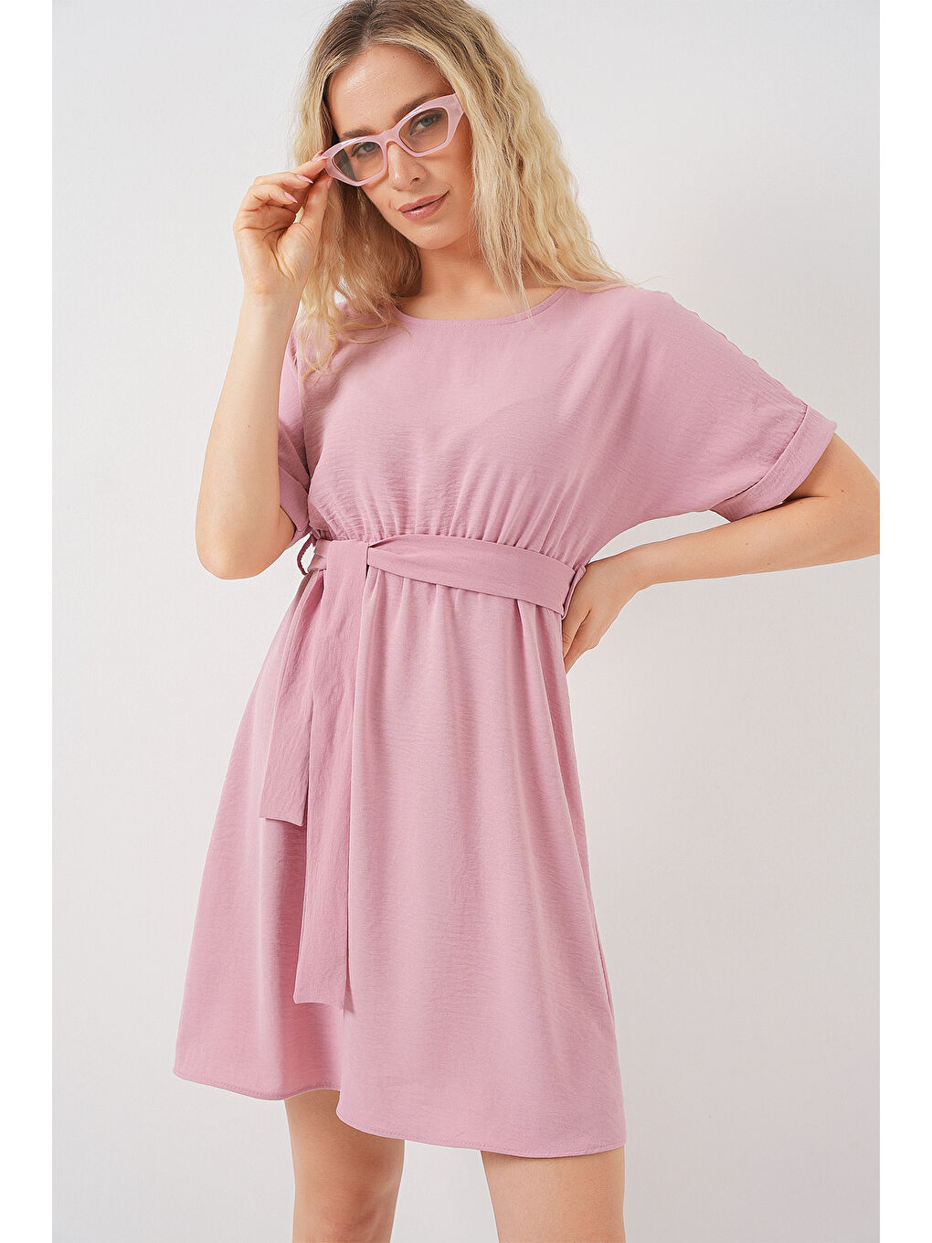 Pembe Kadın Kısa Kol Mini Ayrobin Elbise 2572 - Pudra-2