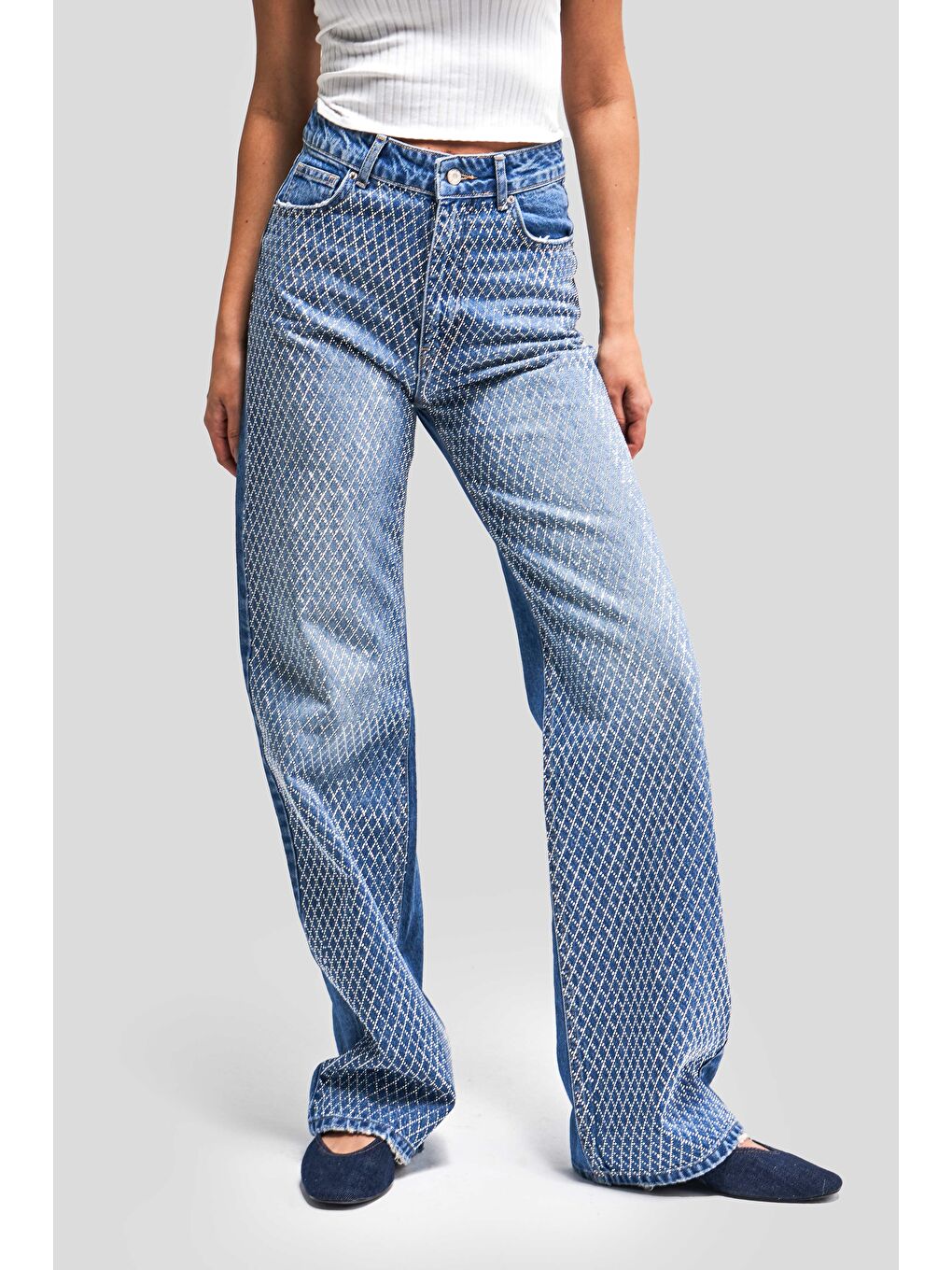 Kadın Mavi Renk Doris T3-2S5-4 Parlak Taşlı Straight Fit Yüksek Bel %100 Pamuk Tasarım Denim Jean
