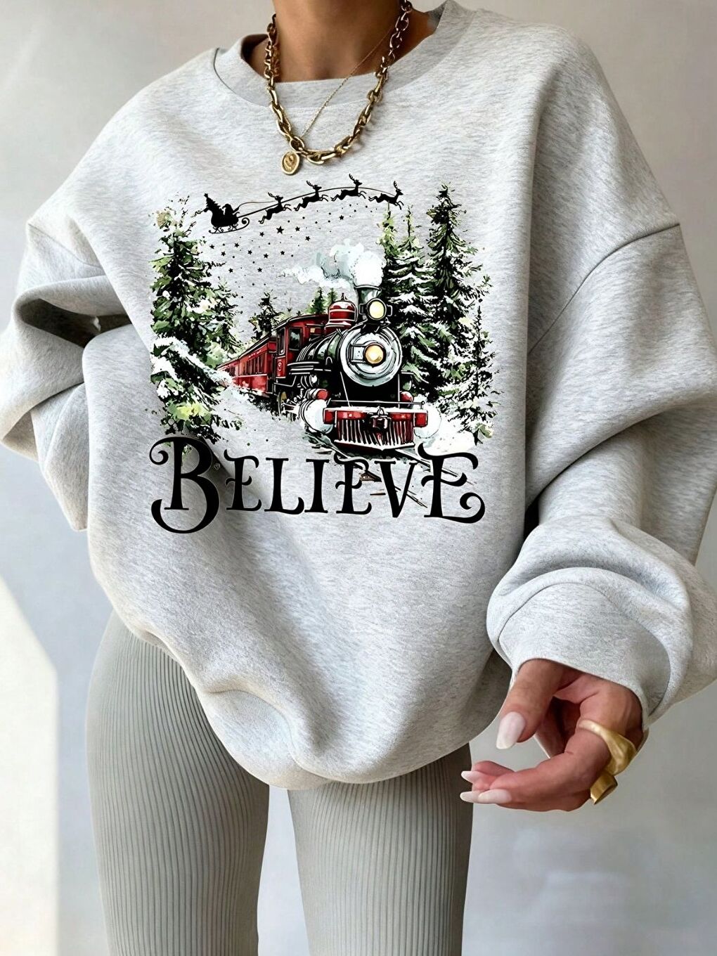Gri Believe Yılbaşı Baskılı Oversize Bisiklet Yaka Sweatshirt-2