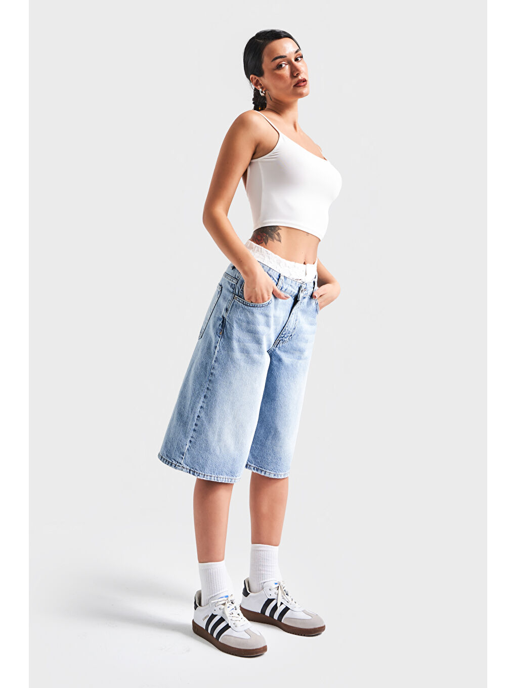 Mavi Kadın Snow Jean Rengi V 4S5 3 Dantelli Boxer Detaylı Maxi Boy Baggy Tasarım Denim Şort-1