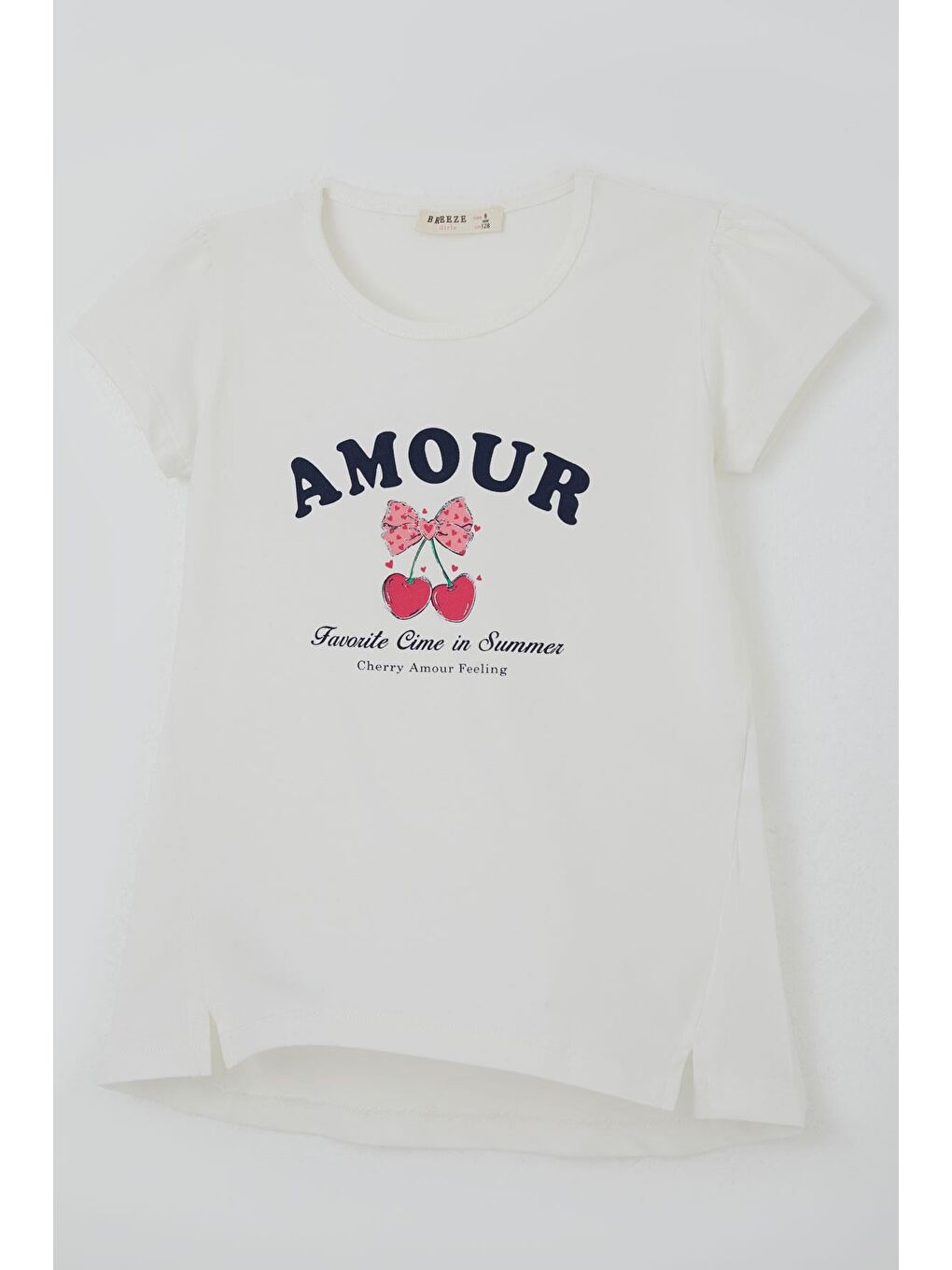 Kız Çocuk Tişört Fiyonklu Kiraz Baskılı Yanları Yırtmaçlı Ekru (5-10 Yaş)-2