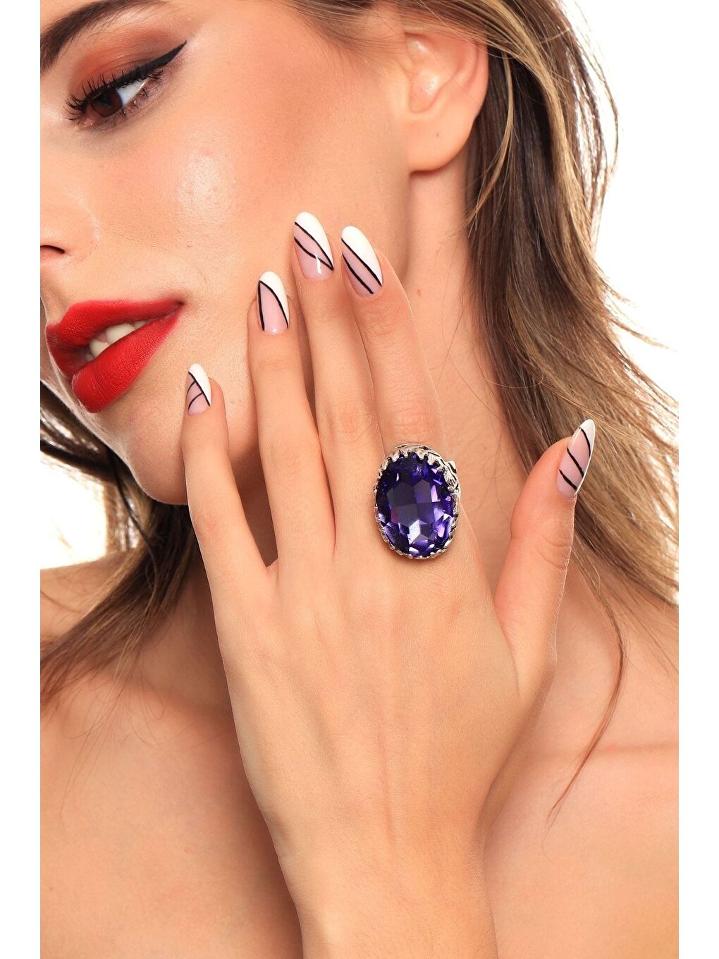 Mor Kadın Antik Gümüş Kaplama Kristal Kesme Taş Detaylı Ayarlanabilir Tasarım Yüzük-4