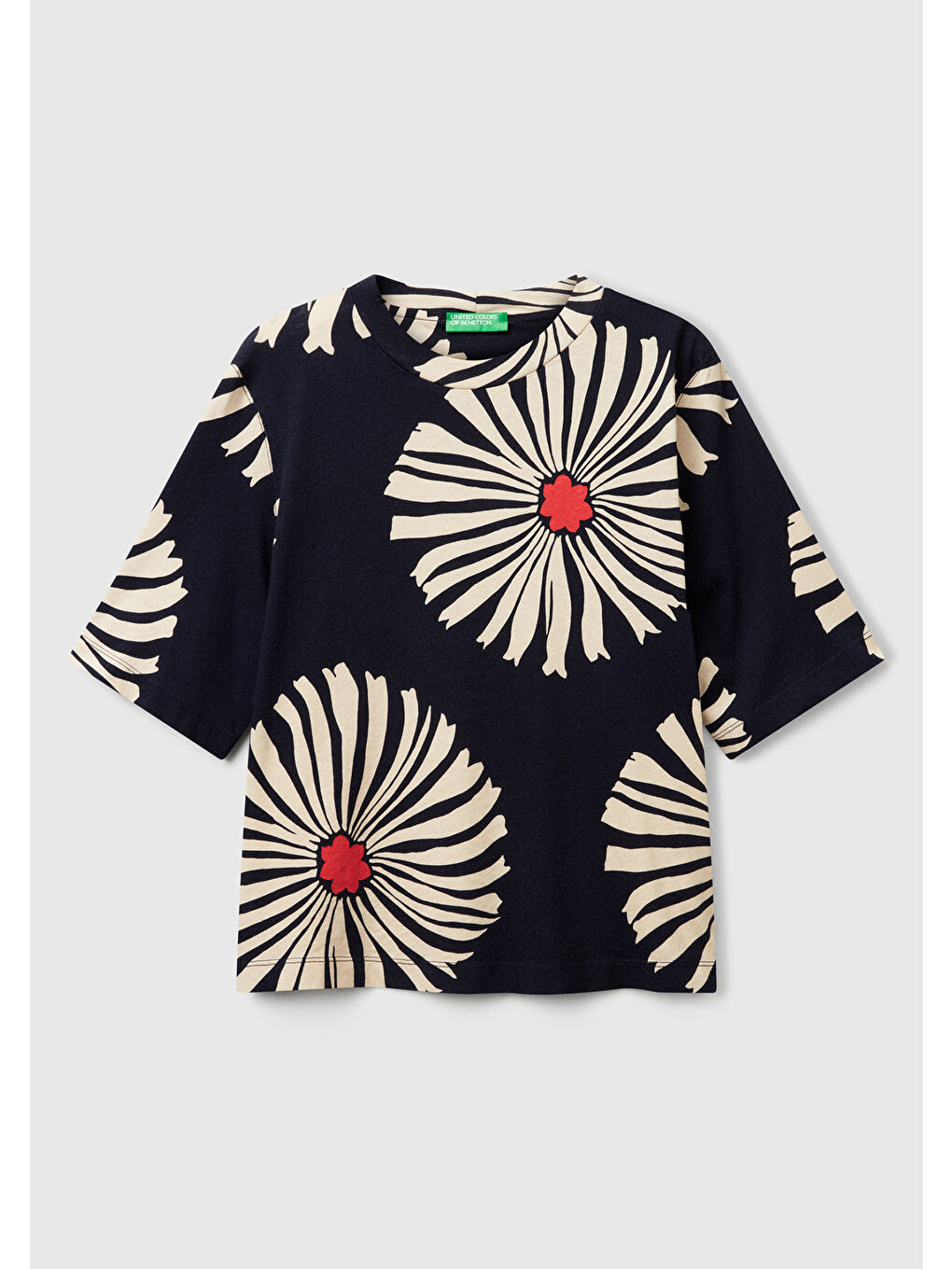 Kadın Lacivert Keten Karışımlı Boxy Fit Çiçek Desenli T-Shirt-1