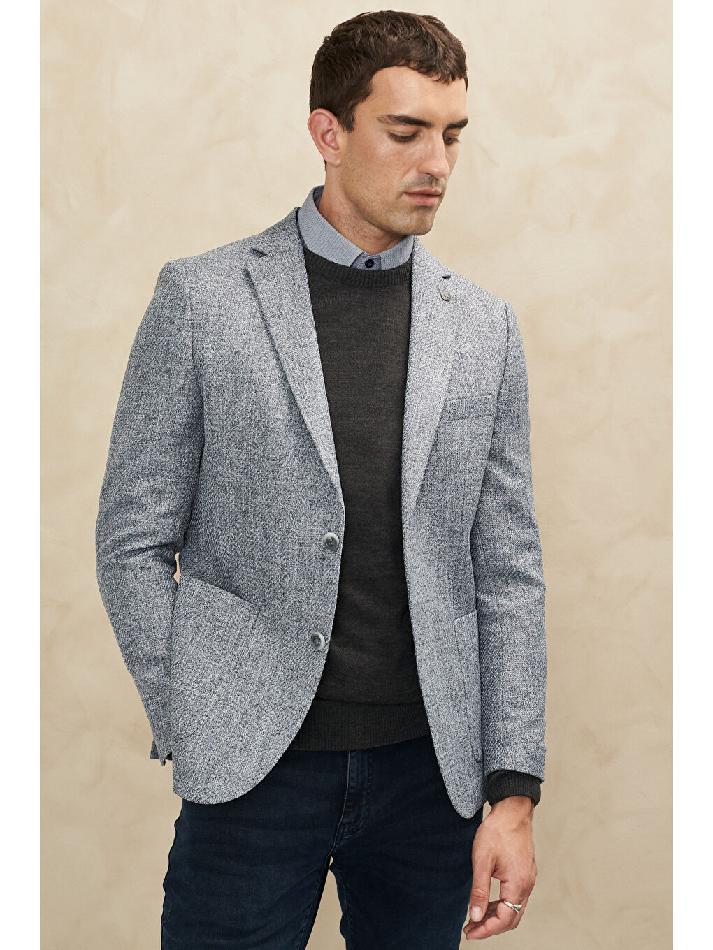 Erkek Antrasit Slim Fit Dar Kesim Mono Yaka Desenli Ceket