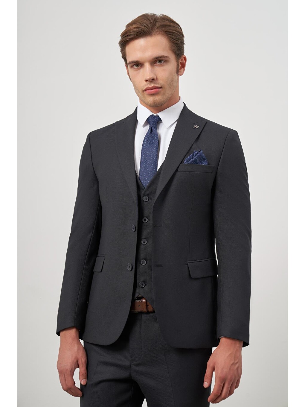 Koyu Lacivert Kılıç Yaka Yelekli 6 Drop Slim Fit Classic Takım Elbise 1001245155-1