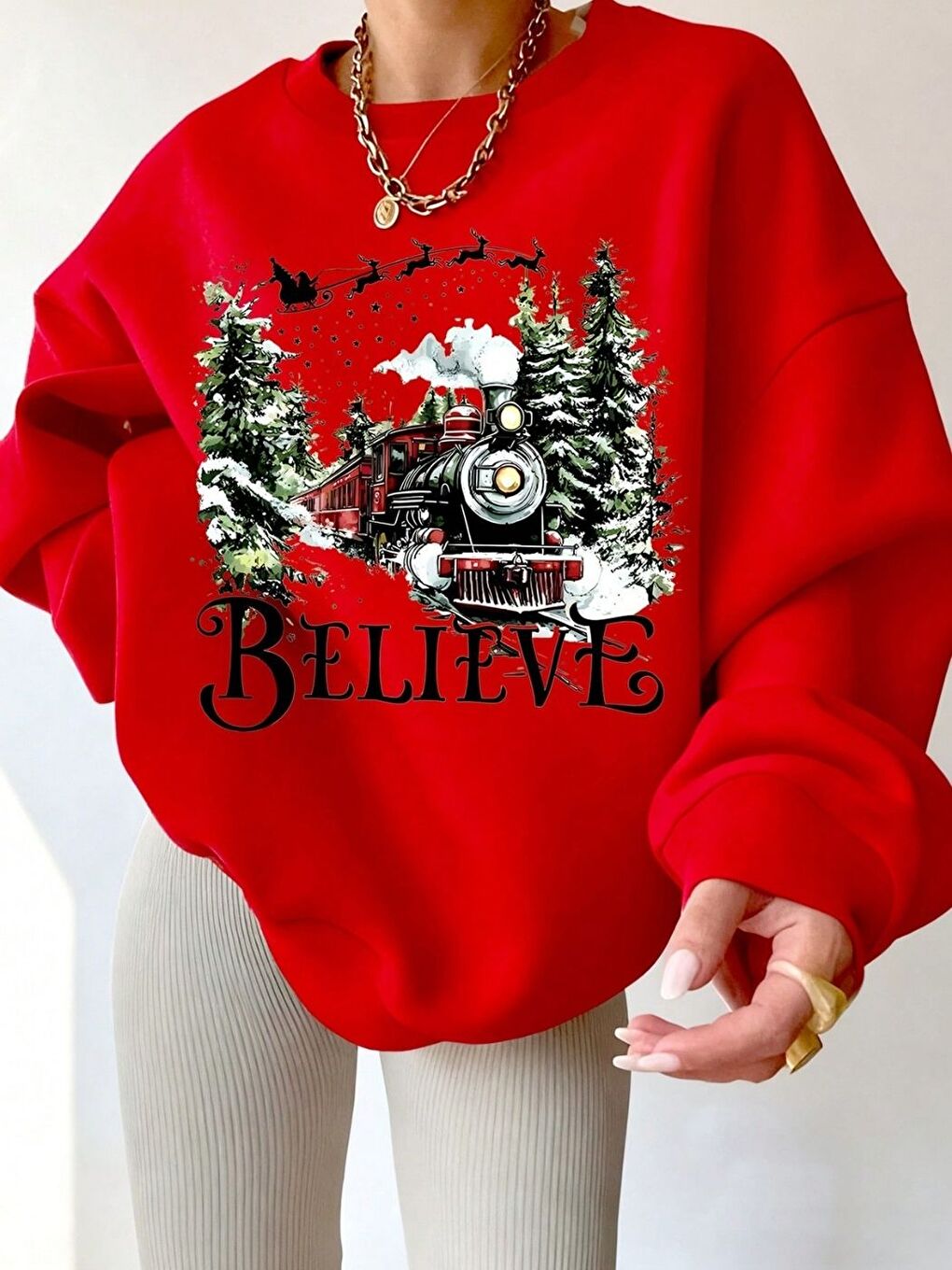 Kırmızı Believe Yılbaşı Baskılı Oversize Bisiklet Yaka Sweatshirt