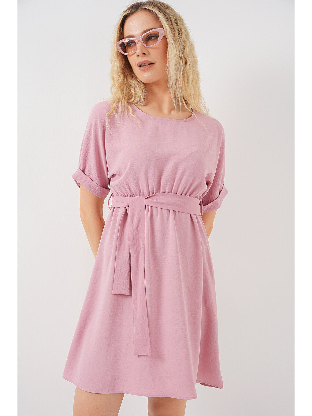 Pembe Kadın Kısa Kol Mini Ayrobin Elbise 2572 - Pudra-3