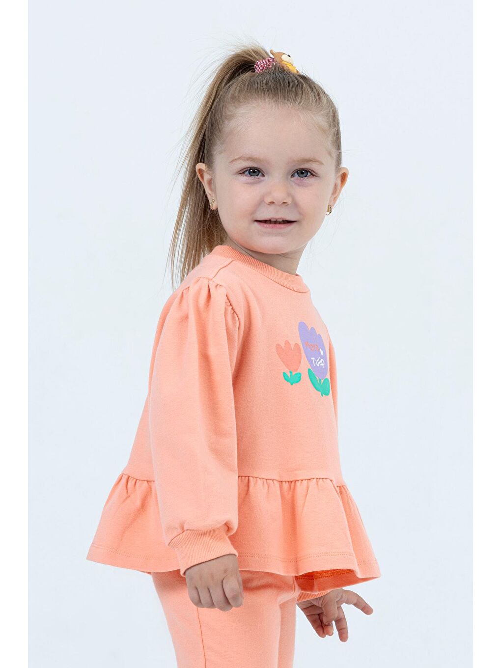 Turuncu Kışlık Pamuklu Çiçek Desenli Sweatshirt Eşofman Alt-Üst Takım Kız Çocuk-1