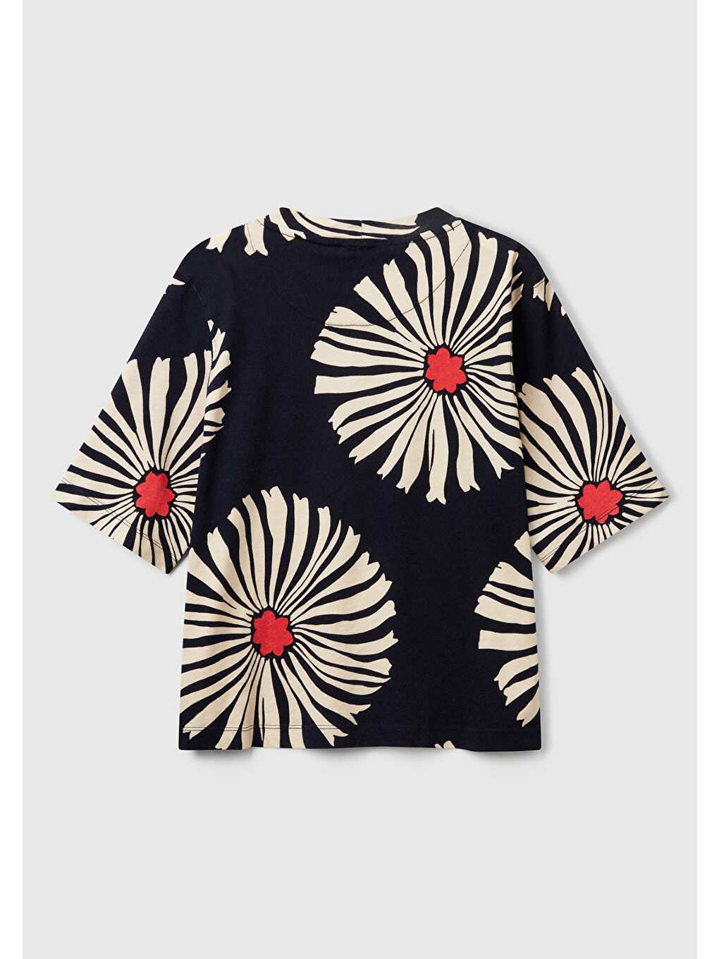 Kadın Lacivert Keten Karışımlı Boxy Fit Çiçek Desenli T-Shirt-3