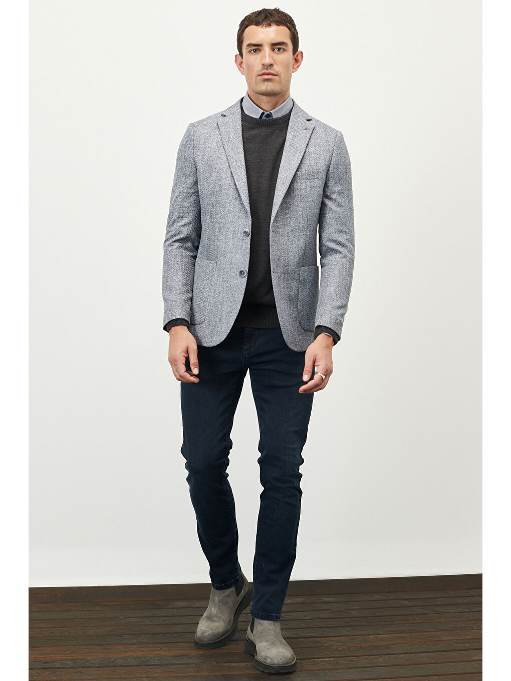 Erkek Antrasit Slim Fit Dar Kesim Mono Yaka Desenli Ceket-1