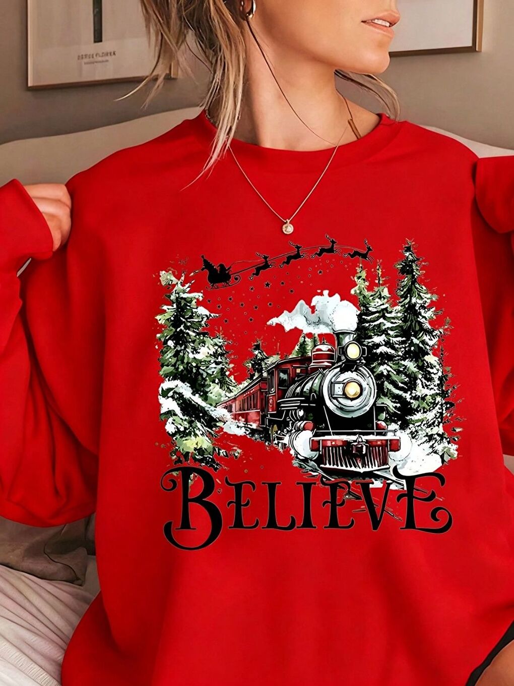 Kırmızı Believe Yılbaşı Baskılı Oversize Bisiklet Yaka Sweatshirt-1